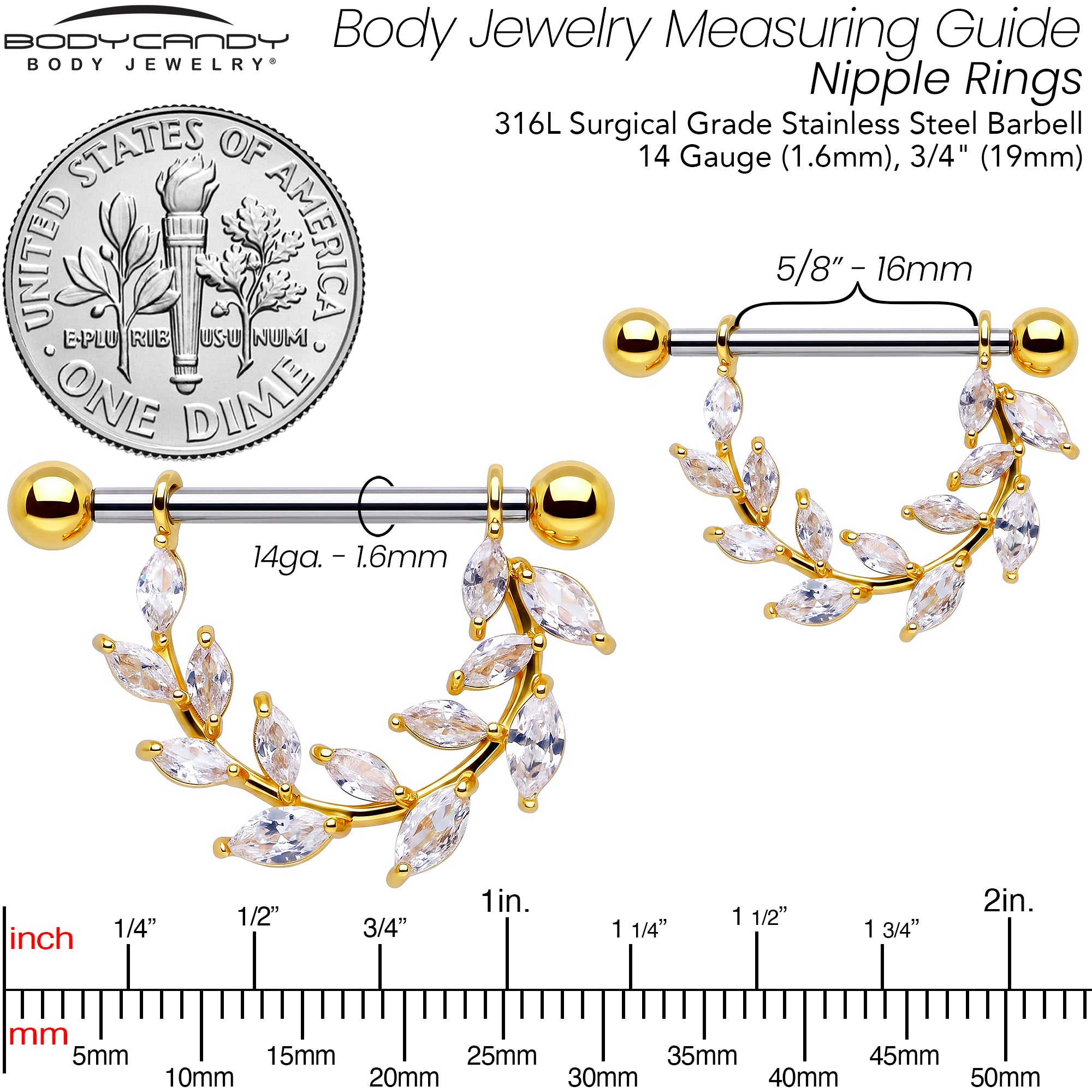 Sparkling Vine Design 14 Gauge Nipple Ring Set