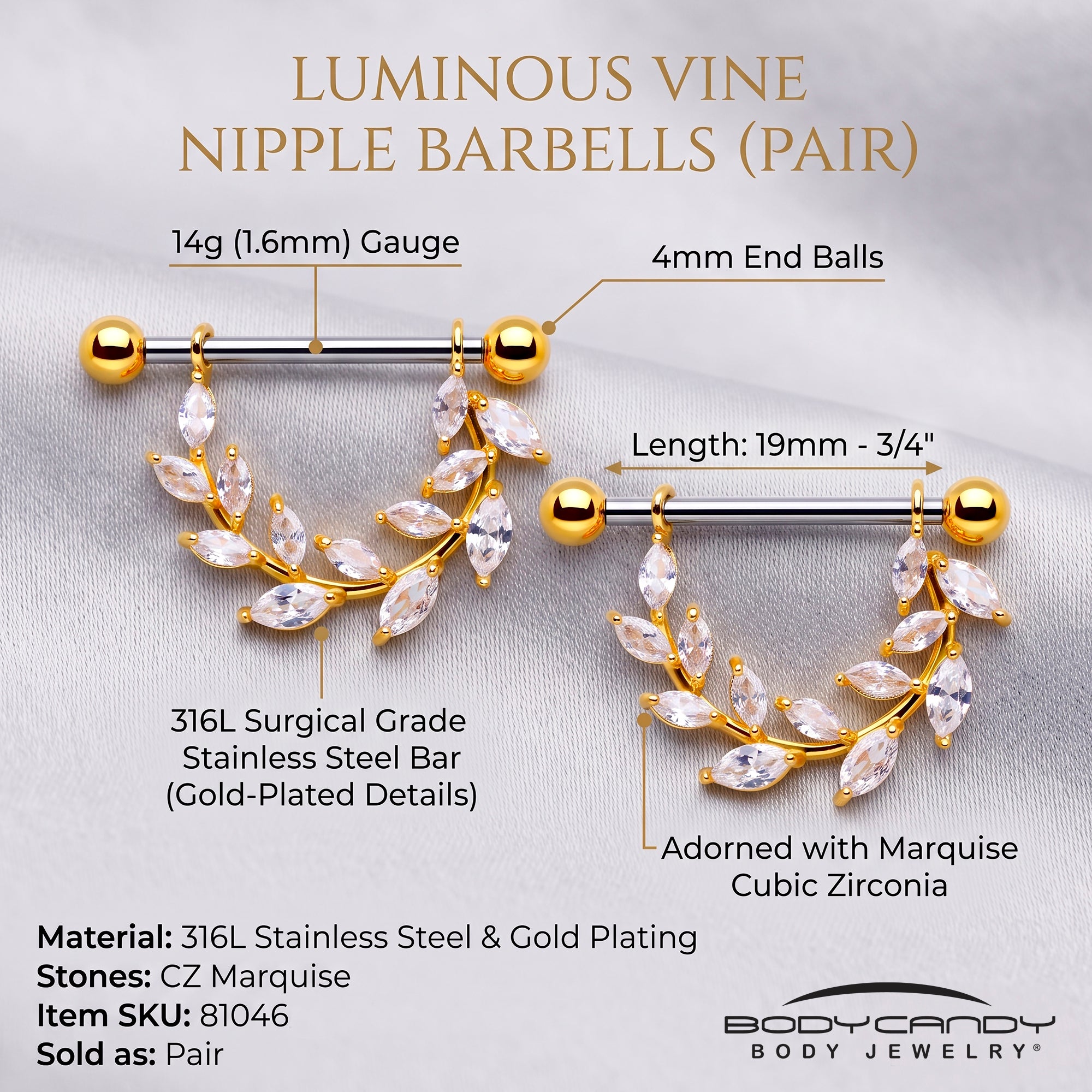 Elegant Marquise CZ Nipple Shields 9/16 Inch