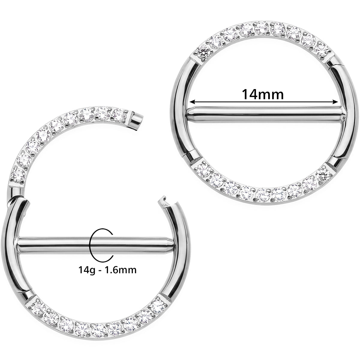 14G 9/16 CZ Glamour Circle Surgical Steel Nipple Hinged Click Closure Ring Set