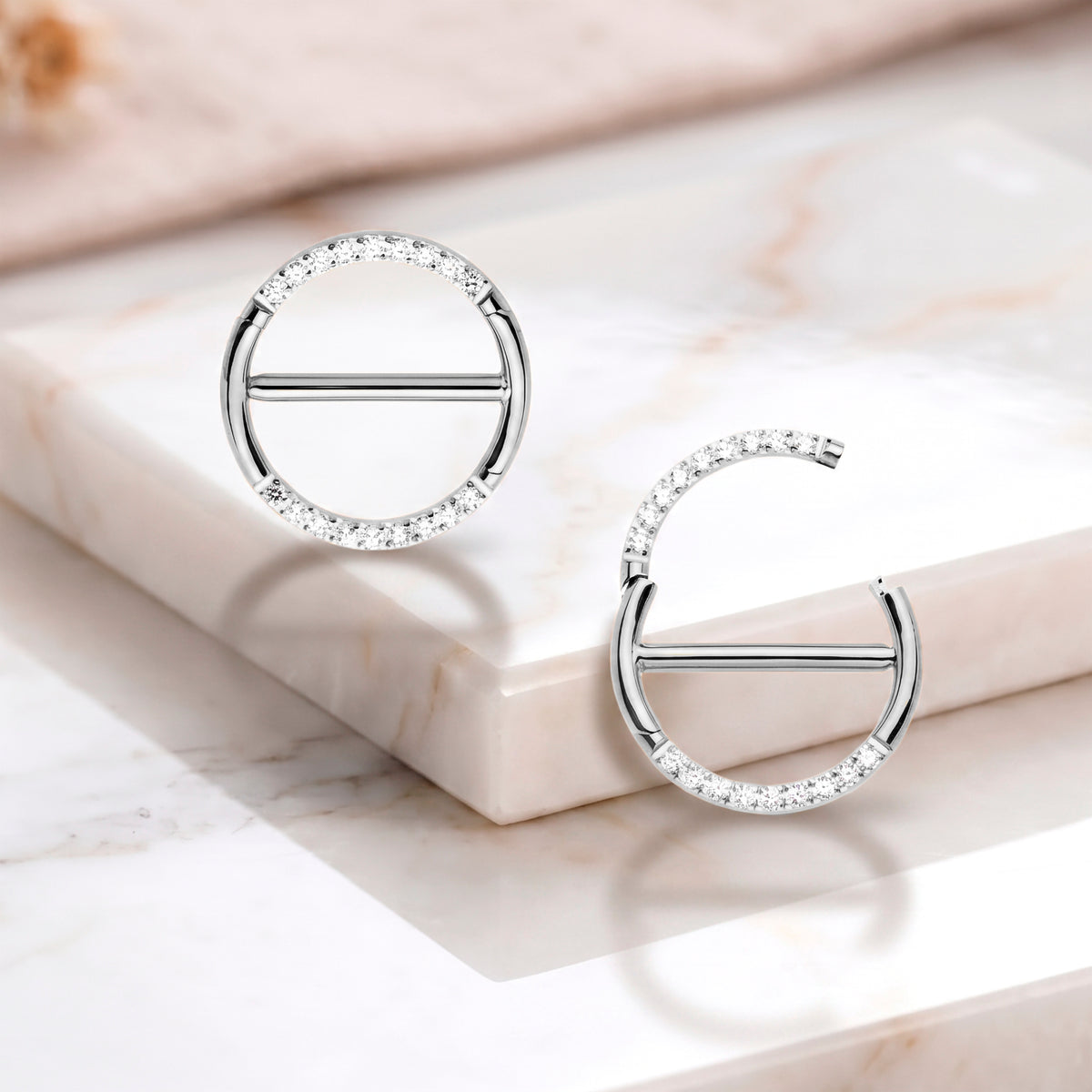 14G 9/16 CZ Glamour Circle Surgical Steel Nipple Hinged Click Closure Ring Set