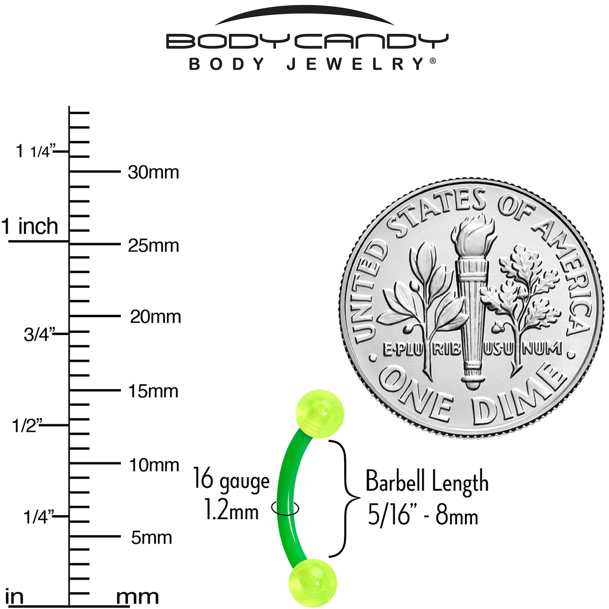 16G 5/16 Acrylic Ball Bioflex Green Flexible Eyebrow Ring