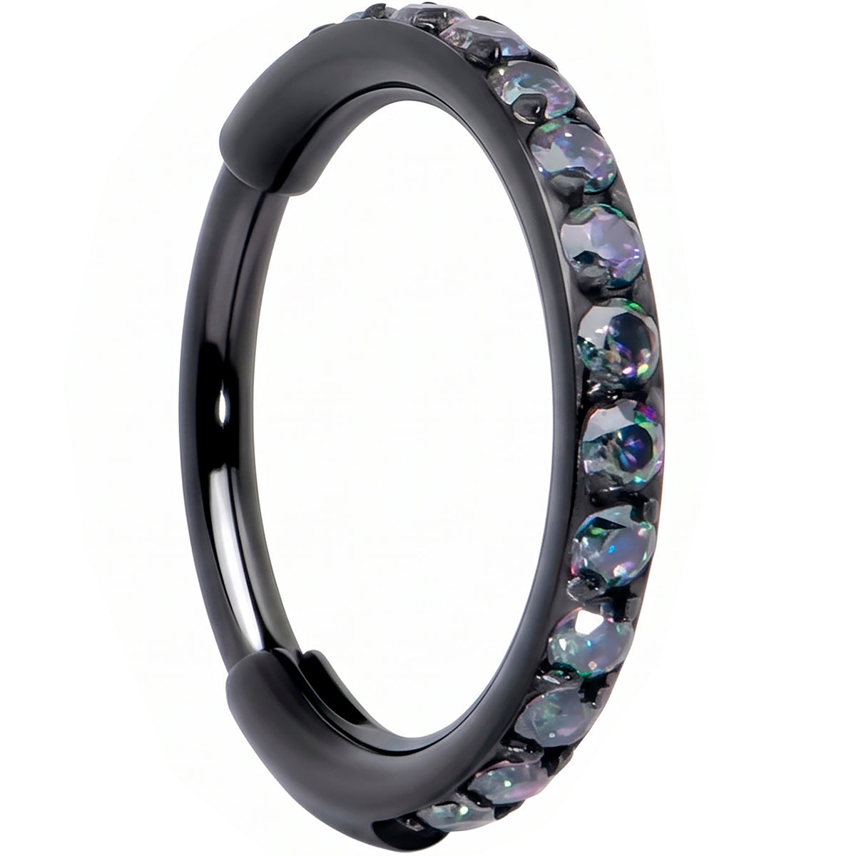 Micro Gem Implant Grade Titanium Hinged Nose Hoop - Black Vitrail CZ Nose Ring