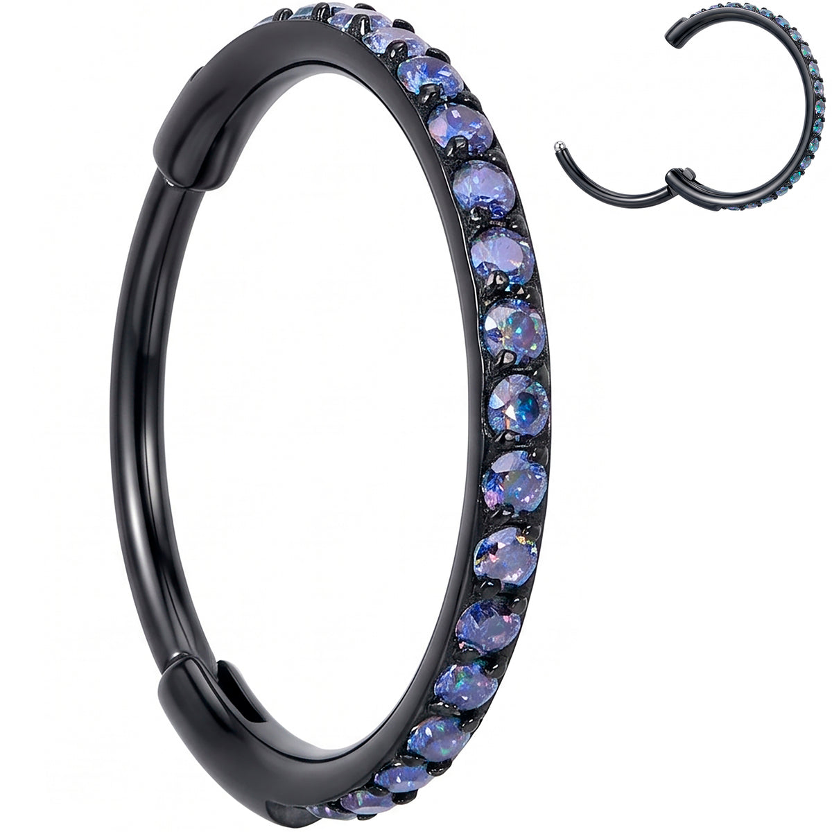 Micro Gem Implant Grade Titanium Hinged Nose Hoop - Black Vitrail CZ Nose Ring