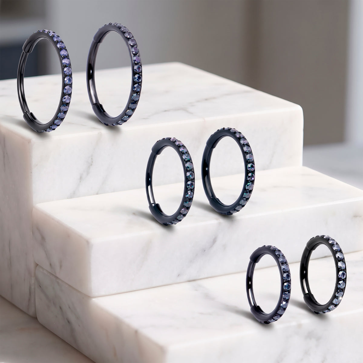 Micro Gem Implant Grade Titanium Hinged Nose Hoop - Black Vitrail CZ Nose Ring