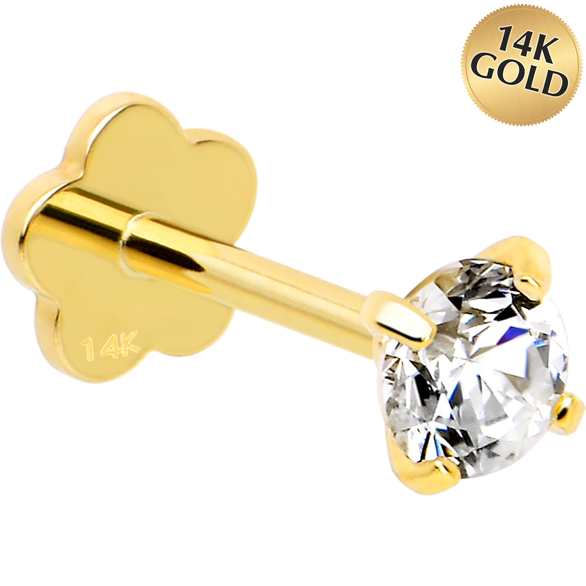 14k Yellow Gold Flat Back Earring 20G 3mm CZ Floral Reversible