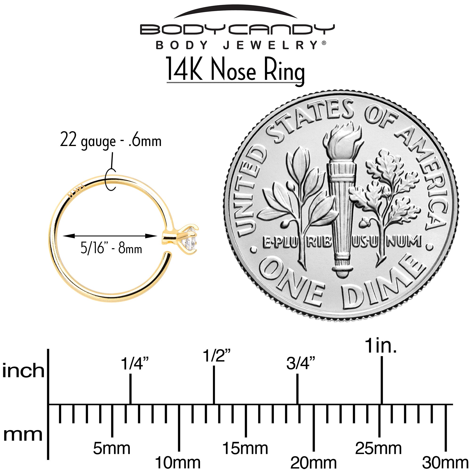 14k Solid Yellow Gold Bendable Nose Hoop 22G 5/16 with 2mm CZ