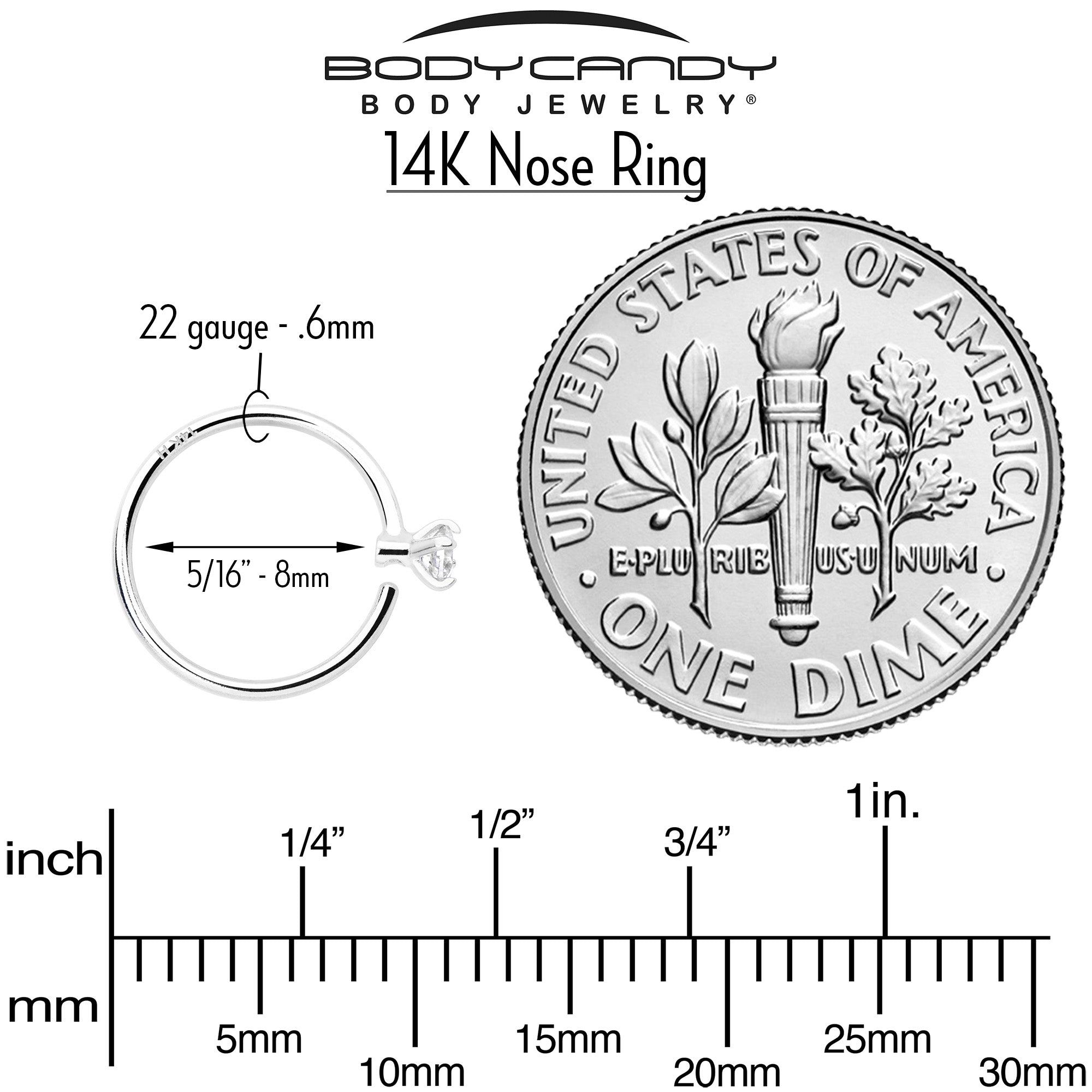 14k Solid White Gold Bendable Nose Hoop 22G 5/16 with 2mm CZ