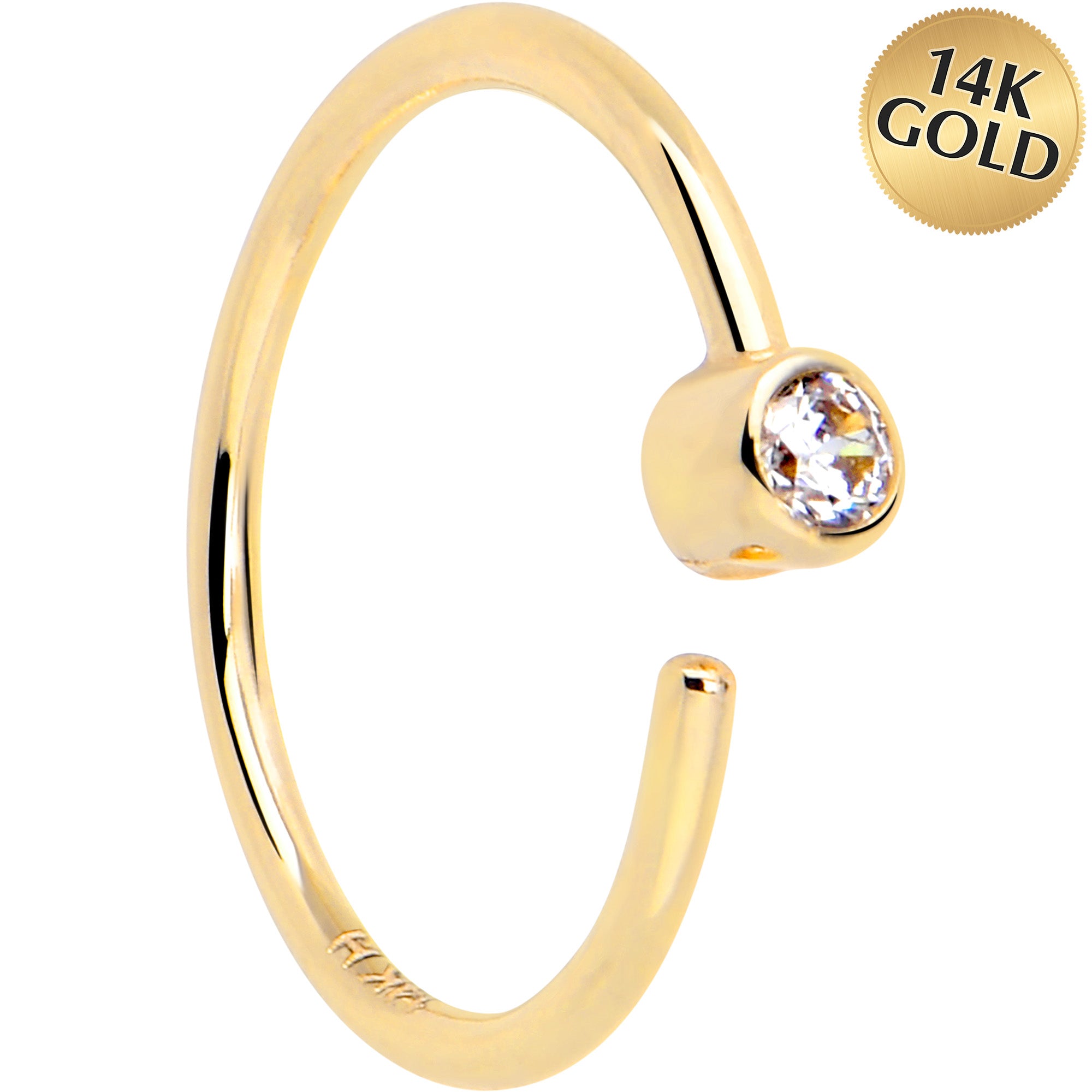 14k Solid Yellow Gold Bendable Nose Hoop 22G 5/16 with Bezel CZ