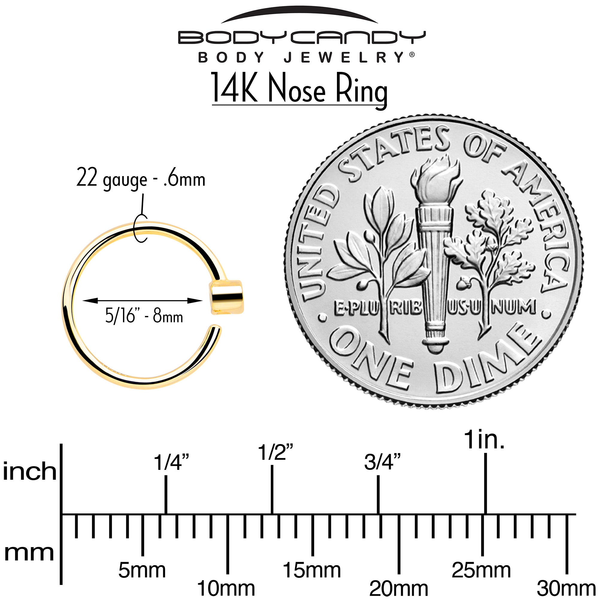 14k Solid Yellow Gold Bendable Nose Hoop 22G 5/16 with Bezel CZ