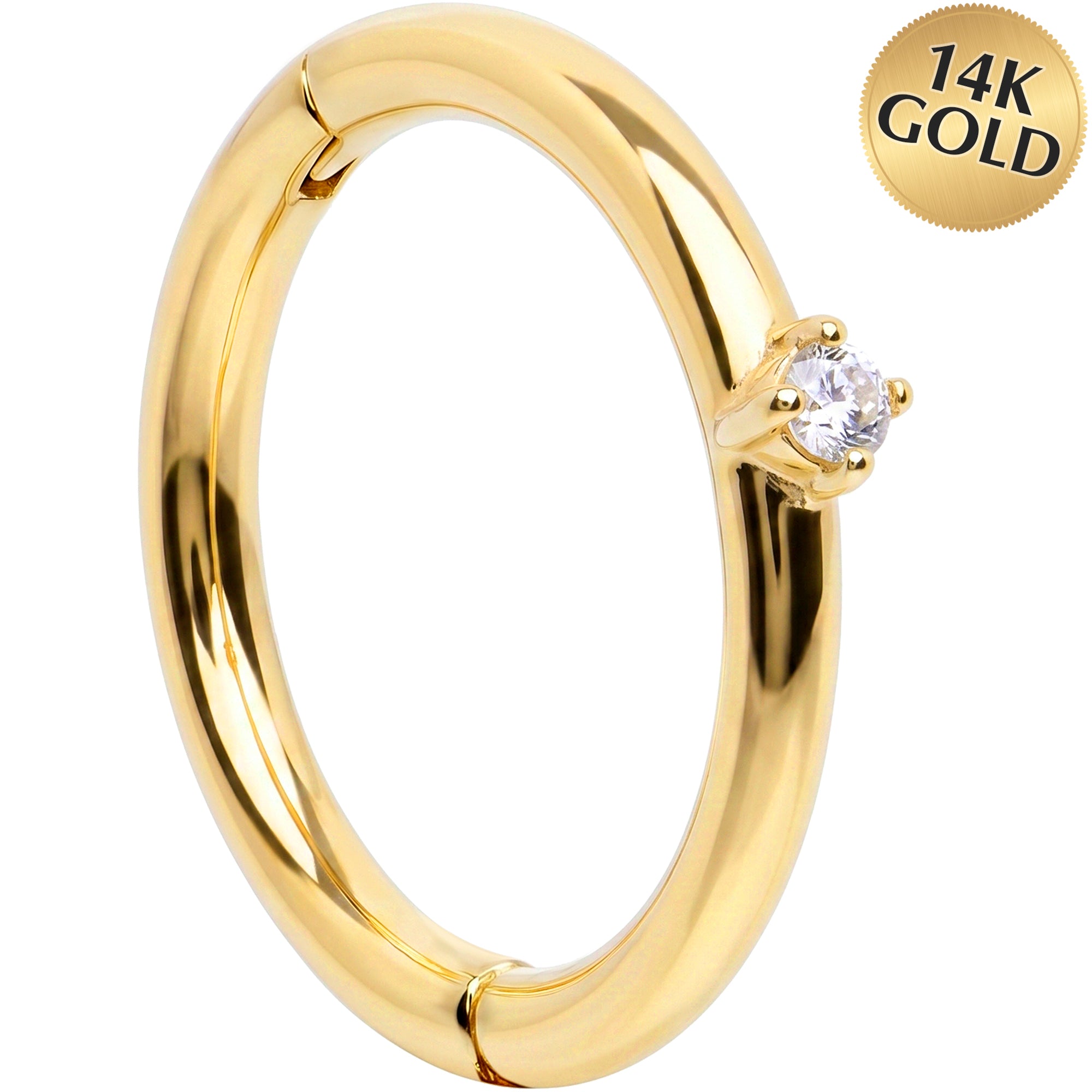 16G Diamond Solitaire Seamless Ring Cartilage Clicker Hoop- 14k Solid Gold