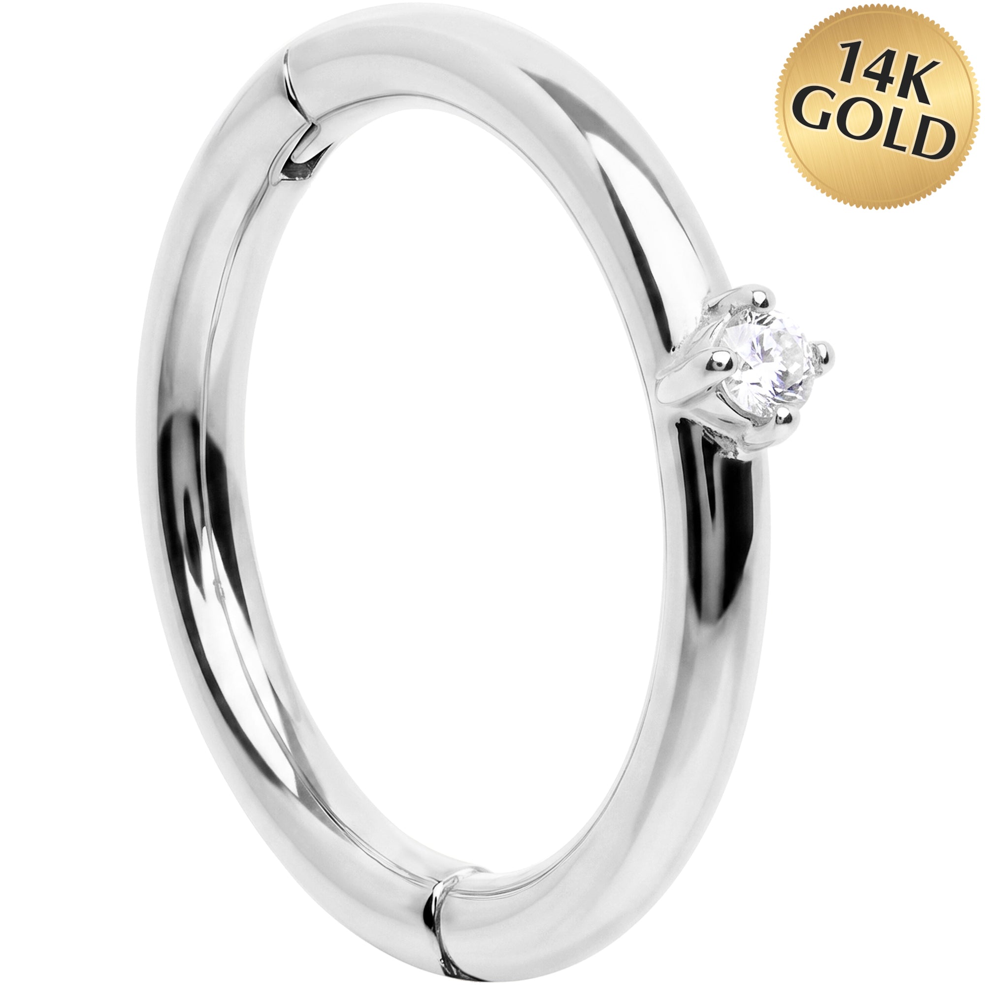 16G Diamond Solitaire Seamless Ring Cartilage Clicker Hoop- 14k Solid Gold