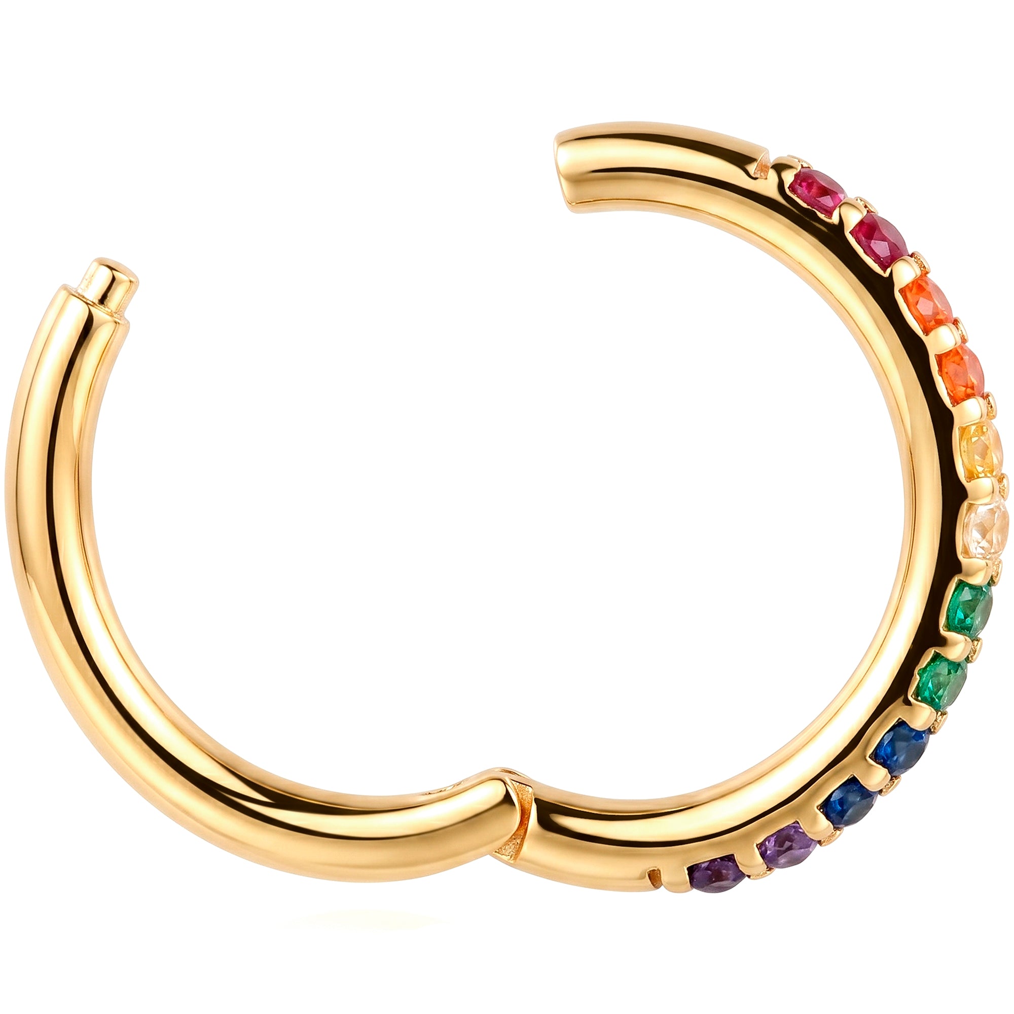 16G CZ Rainbow Seamless Ring Cartilage Clicker Hoop- 14k Solid Gold