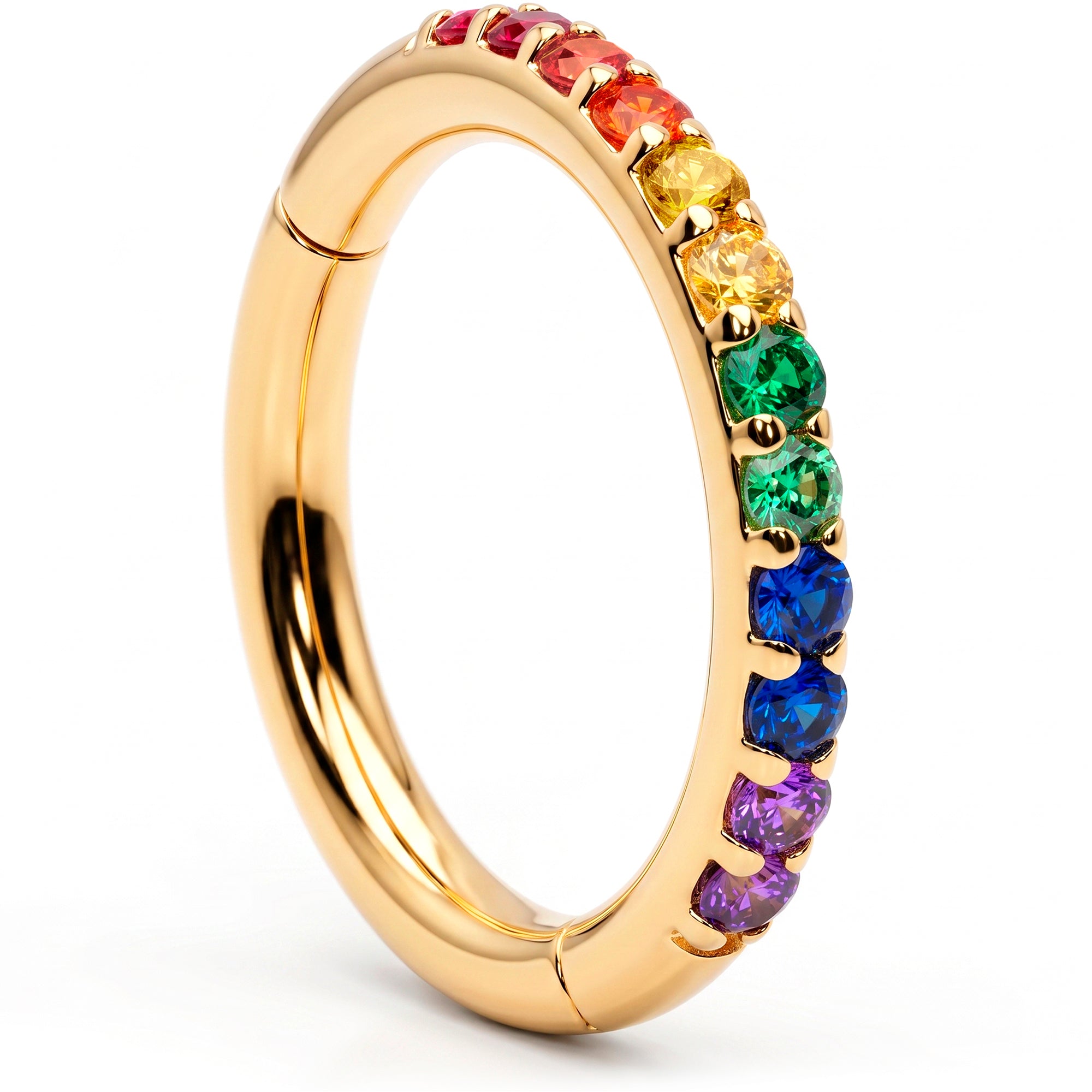 16G CZ Rainbow Seamless Ring Cartilage Clicker Hoop- 14k Solid Gold
