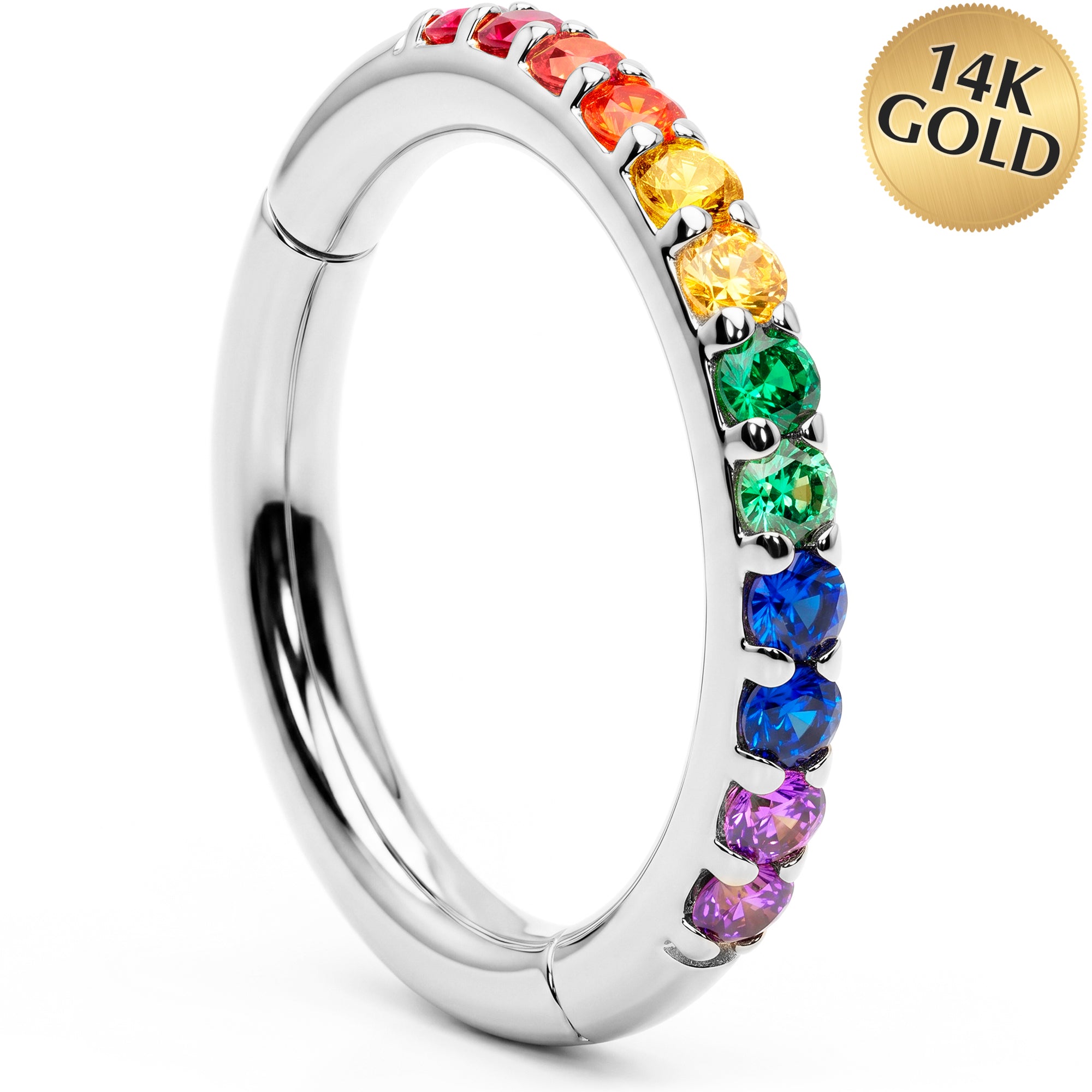 16G CZ Rainbow Seamless Ring Cartilage Clicker Hoop- 14k Solid Gold