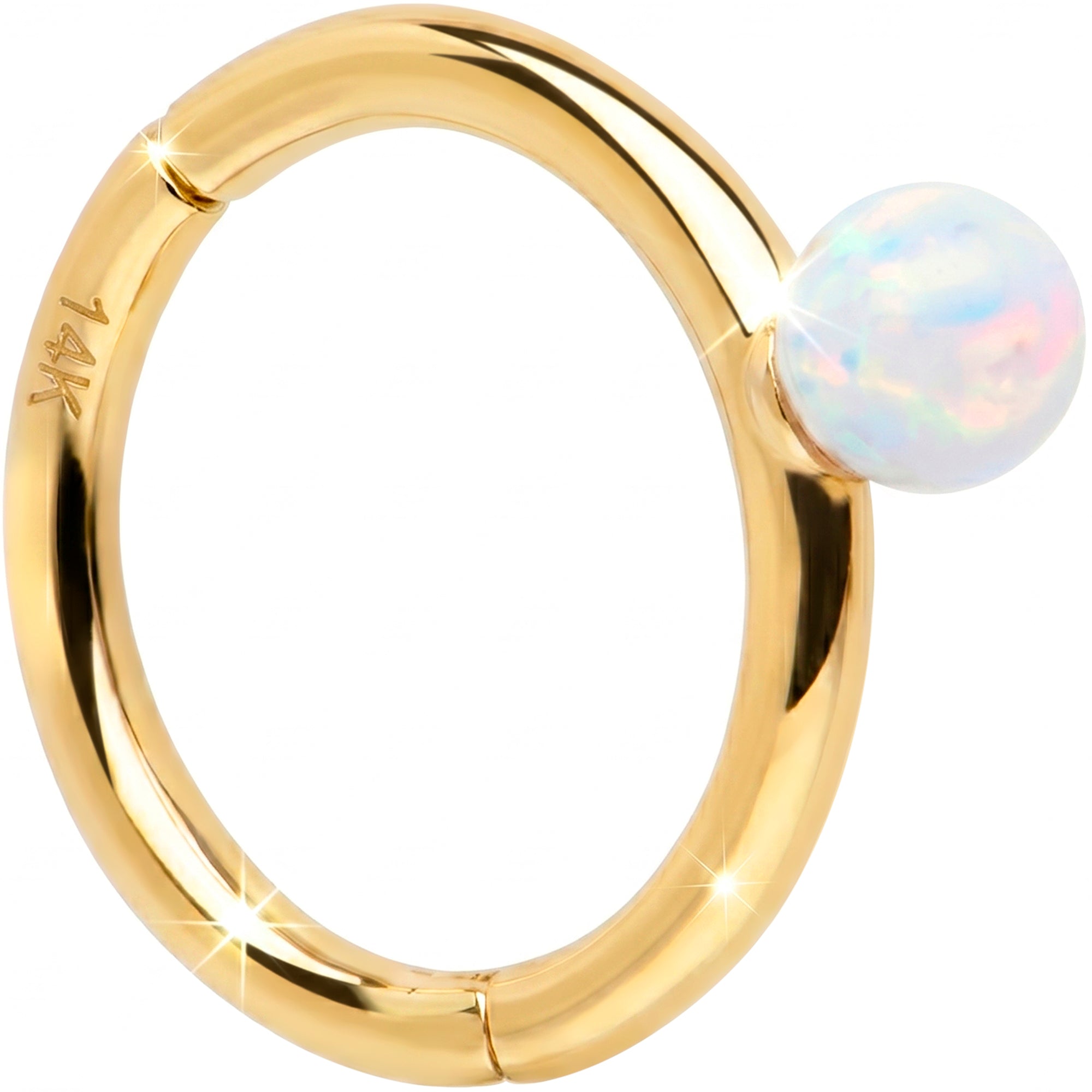16G White Synthetic Opal Seamless Ring Cartilage Clicker Hoop- 14k Solid Gold