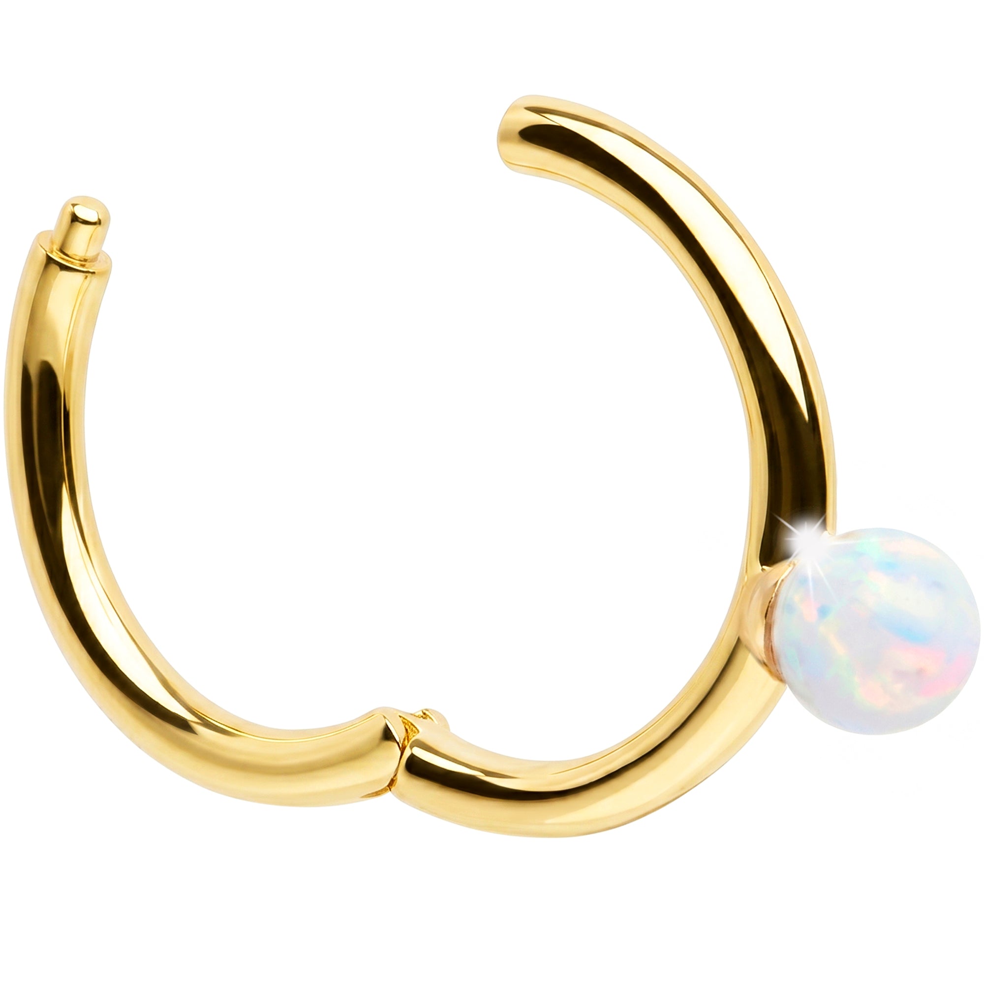 16G White Synthetic Opal Seamless Ring Cartilage Clicker Hoop- 14k Solid Gold