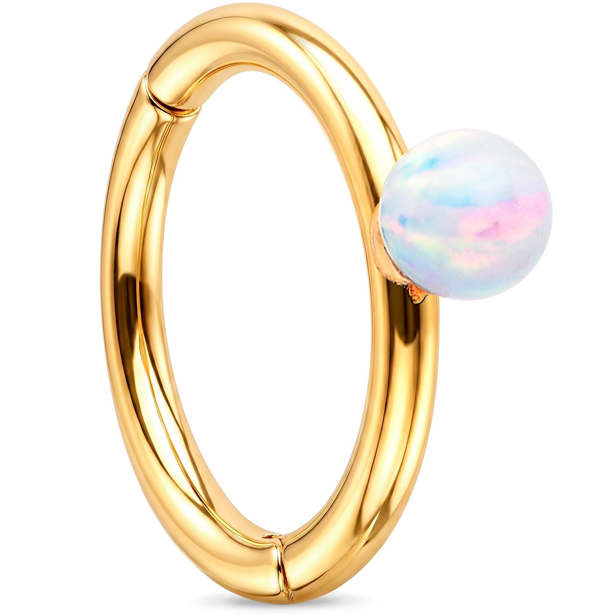 16G White Synthetic Opal Seamless Ring Cartilage Clicker Hoop- 14k Solid Gold