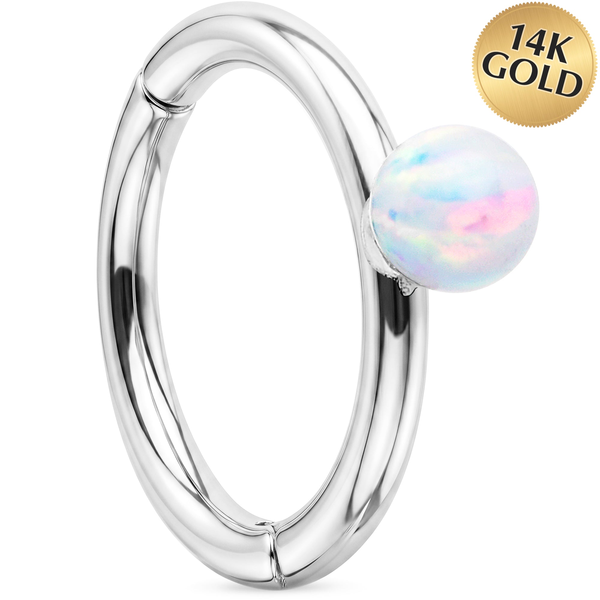 16G White Synthetic Opal Seamless Ring Cartilage Clicker Hoop- 14k Solid Gold