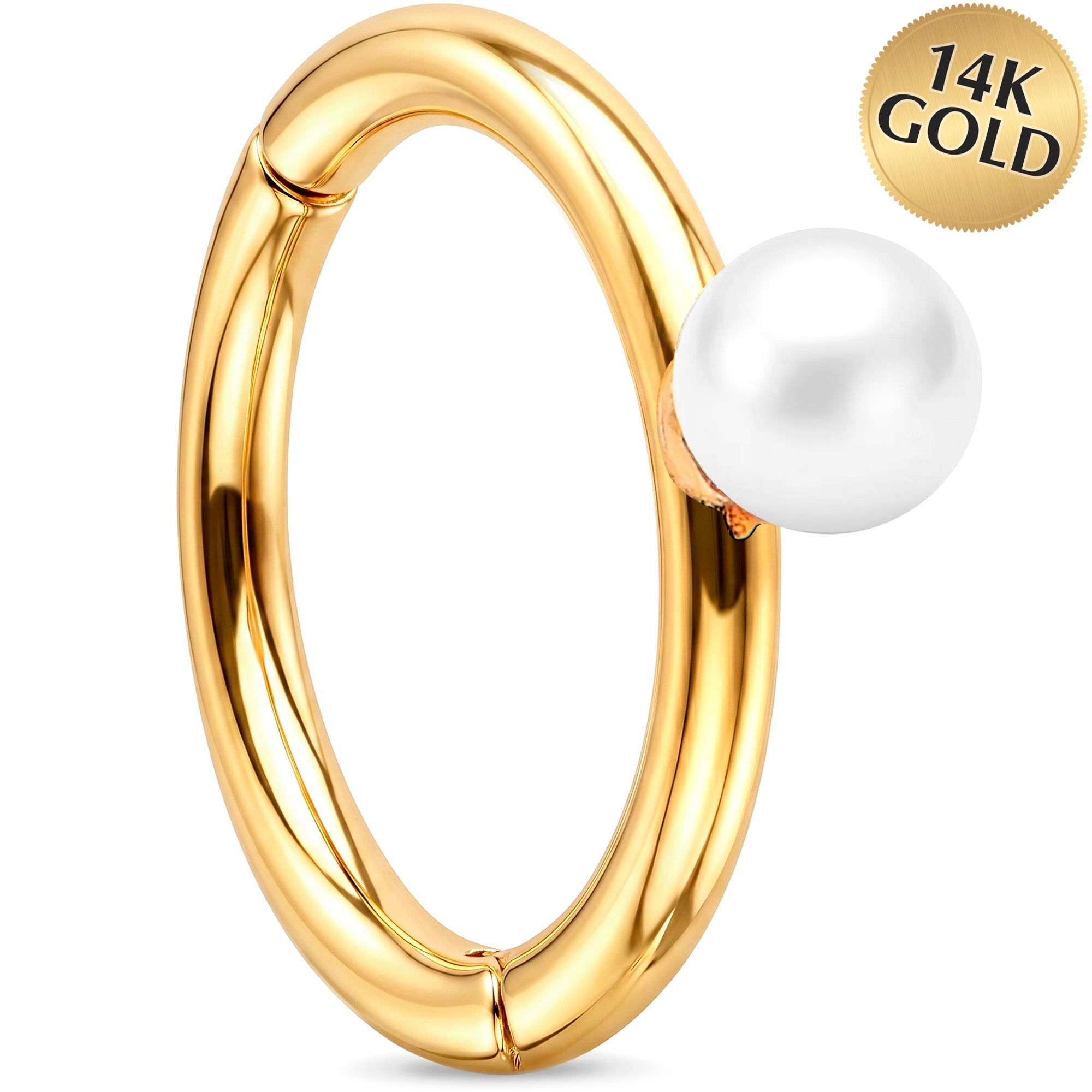 16G Freshwater Pearl Seamless Ring Cartilage Clicker Hoop- 14k Solid Gold