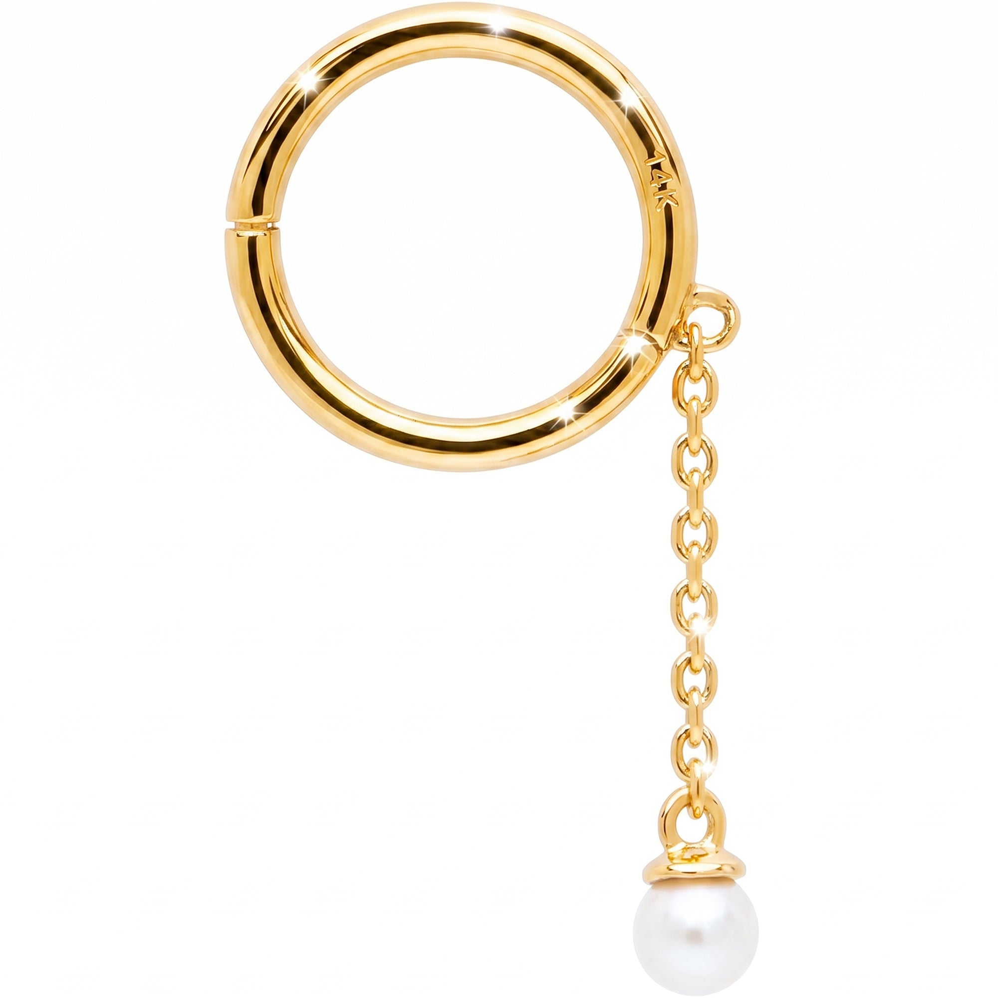 16G Freshwater Pearl Dangle Seamless Ring Cartilage Clicker Hoop- 14k Solid Gold