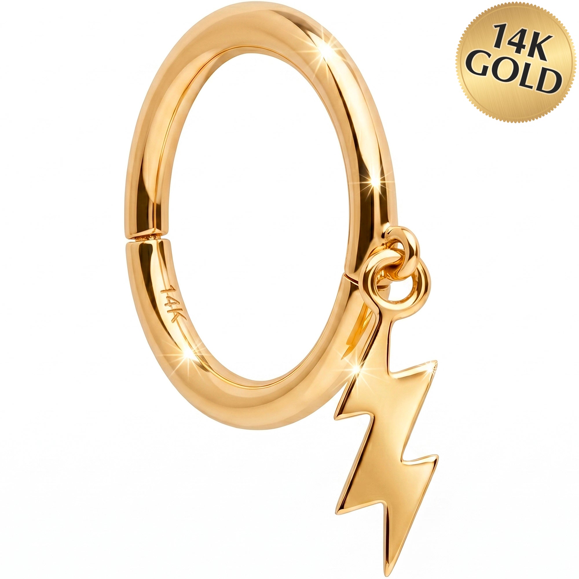 16G Lightning Bolt Dangle Seamless Ring Cartilage Clicker Hoop- 14k Solid Gold