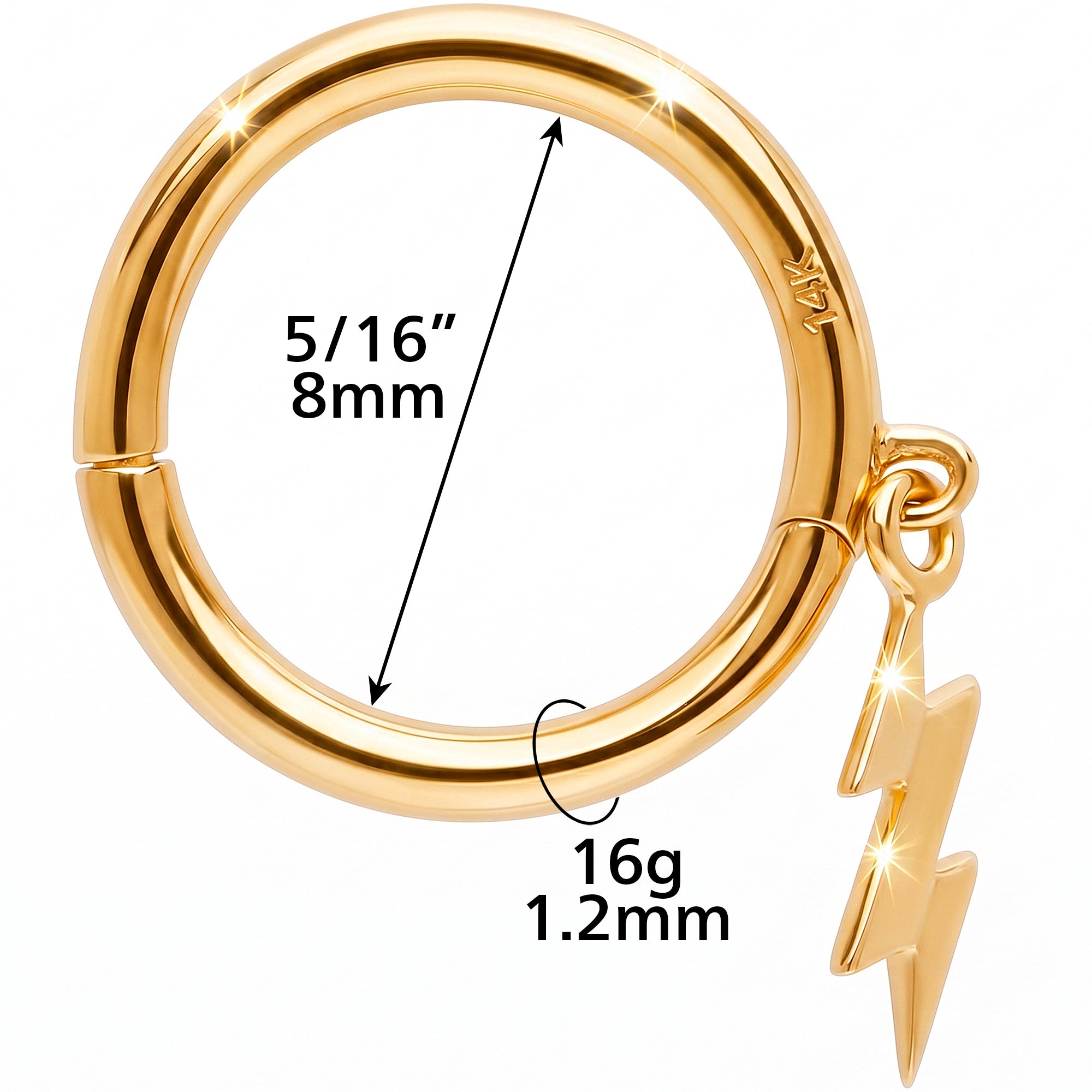 16G Lightning Bolt Dangle Seamless Ring Cartilage Clicker Hoop- 14k Solid Gold