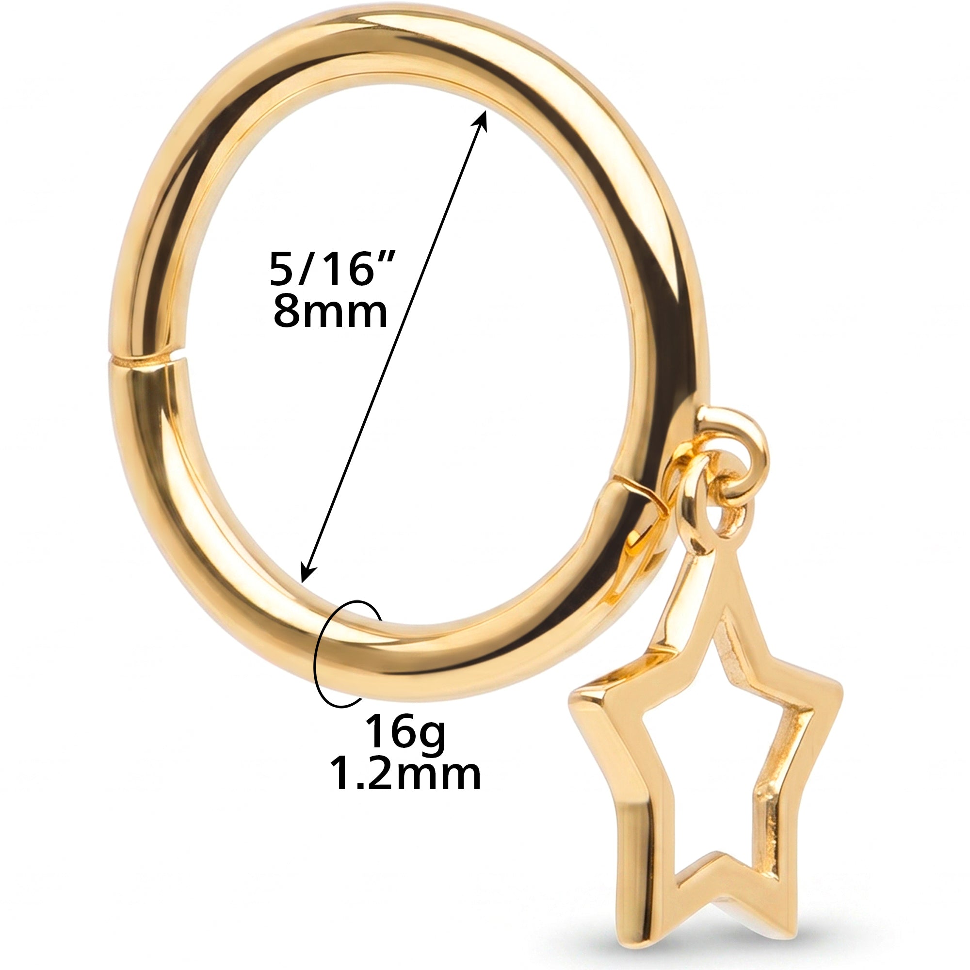 16G Hollow Star Dangle Seamless Ring Cartilage Clicker Hoop- 14k Solid Gold