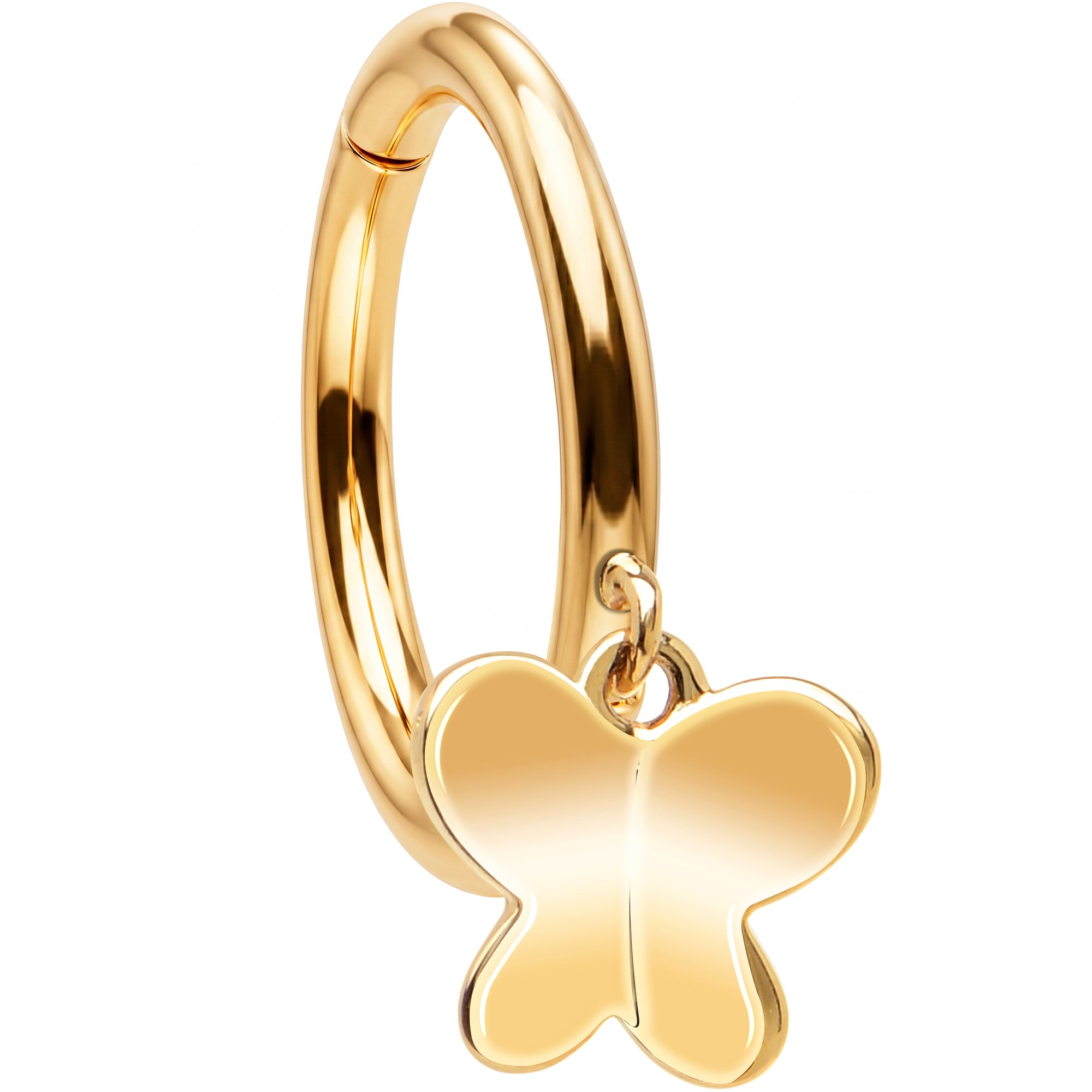 16G Simple Butterfly Dangle Seamless Ring Cartilage Clicker Hoop- 14k Solid Gold