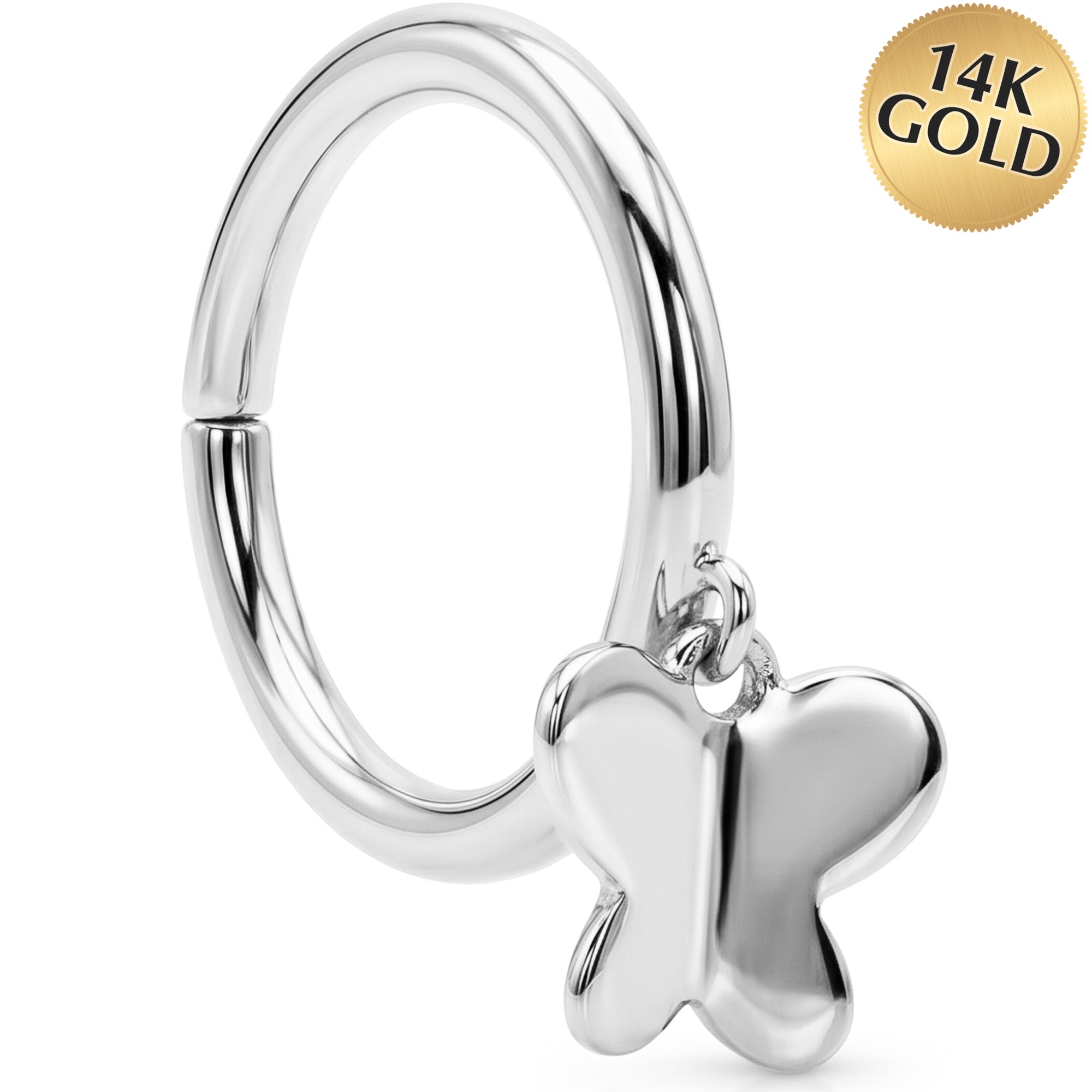 16G Simple Butterfly Dangle Seamless Ring Cartilage Clicker Hoop- 14k Solid Gold