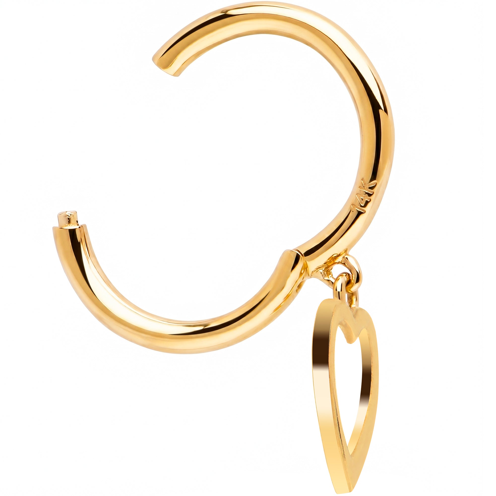 16G Hollow Heart Dangle Seamless Ring Cartilage Clicker Hoop- 14k Solid Gold