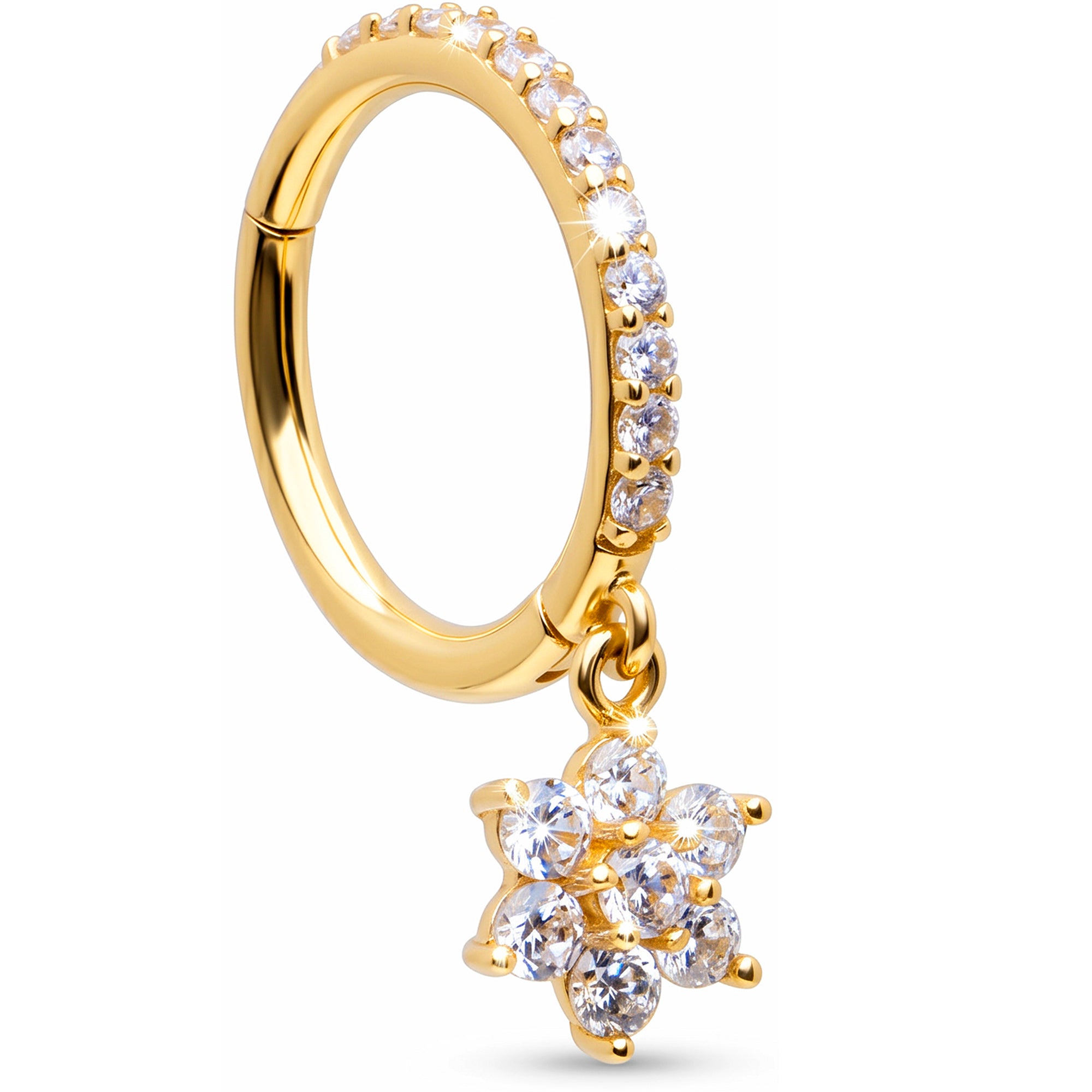 16G CZ Hibiscus Flower Dangle Seamless Ring Cartilage Clicker Hoop- 14k Solid Gold