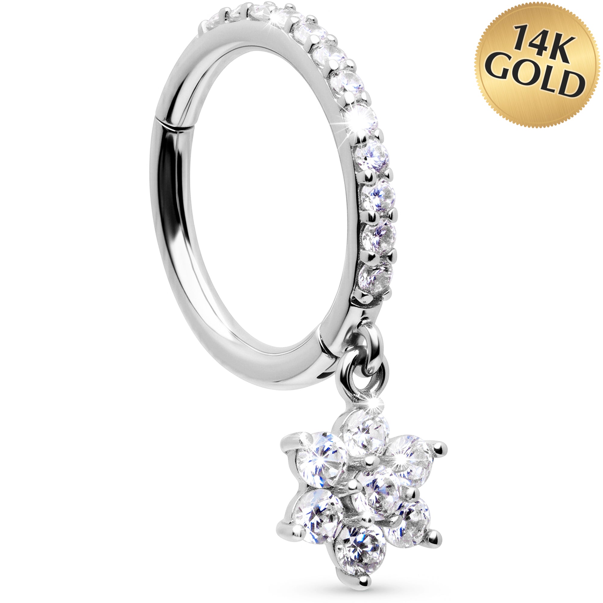 16G CZ Hibiscus Flower Dangle Seamless Ring Cartilage Clicker Hoop- 14k Solid Gold
