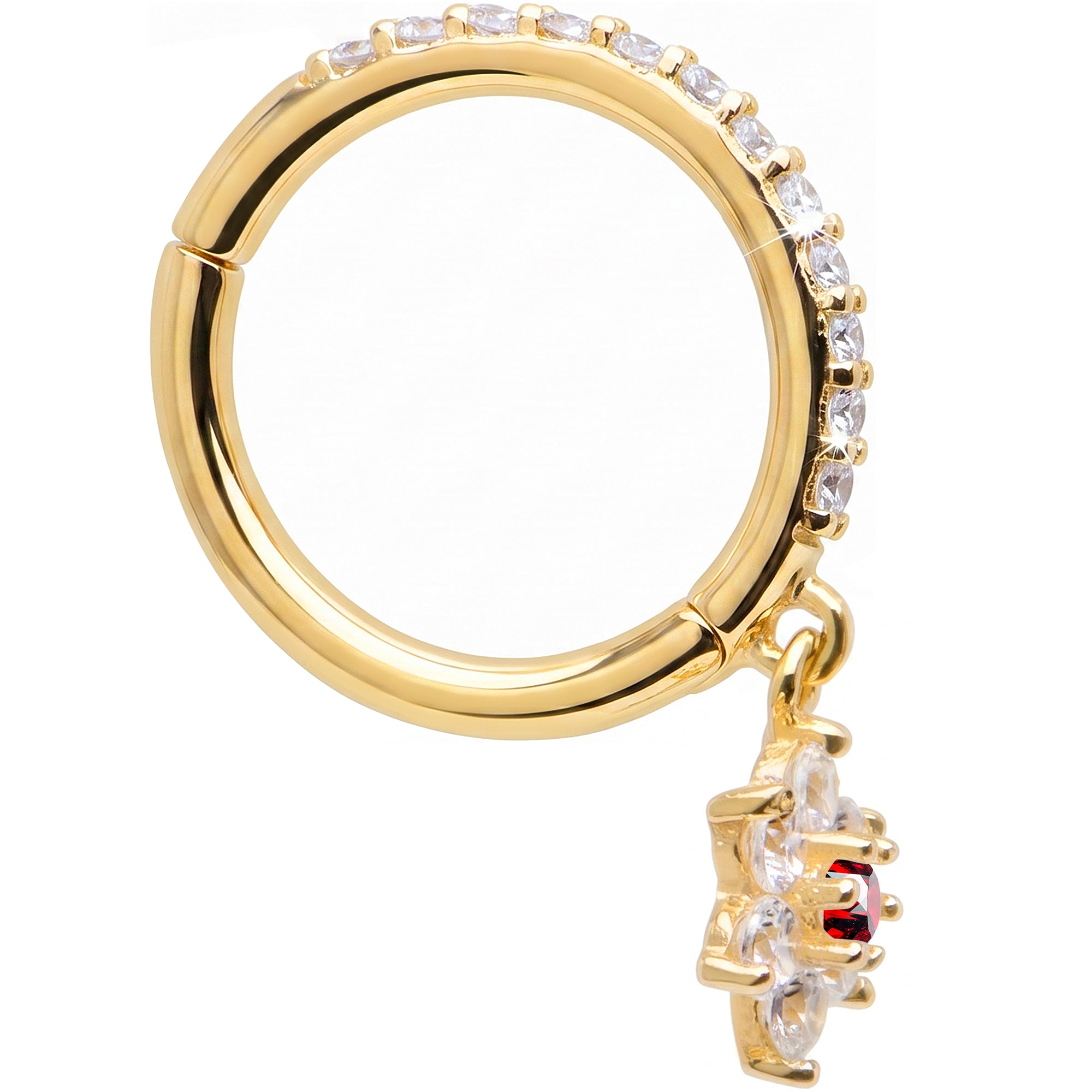 16G CZ Red Hibiscus Flower Dangle Seamless Ring Cartilage Clicker Hoop- 14k Solid Gold