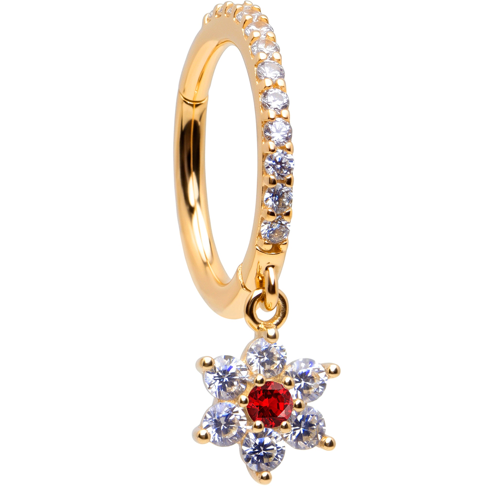16G CZ Red Hibiscus Flower Dangle Seamless Ring Cartilage Clicker Hoop- 14k Solid Gold