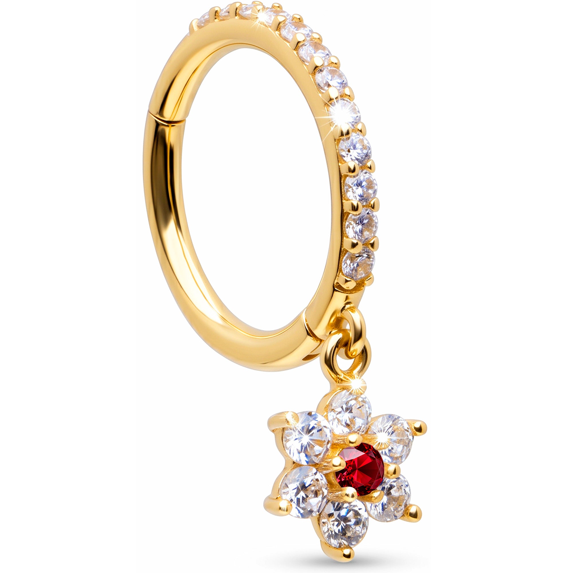 16G CZ Red Hibiscus Flower Dangle Seamless Ring Cartilage Clicker Hoop- 14k Solid Gold