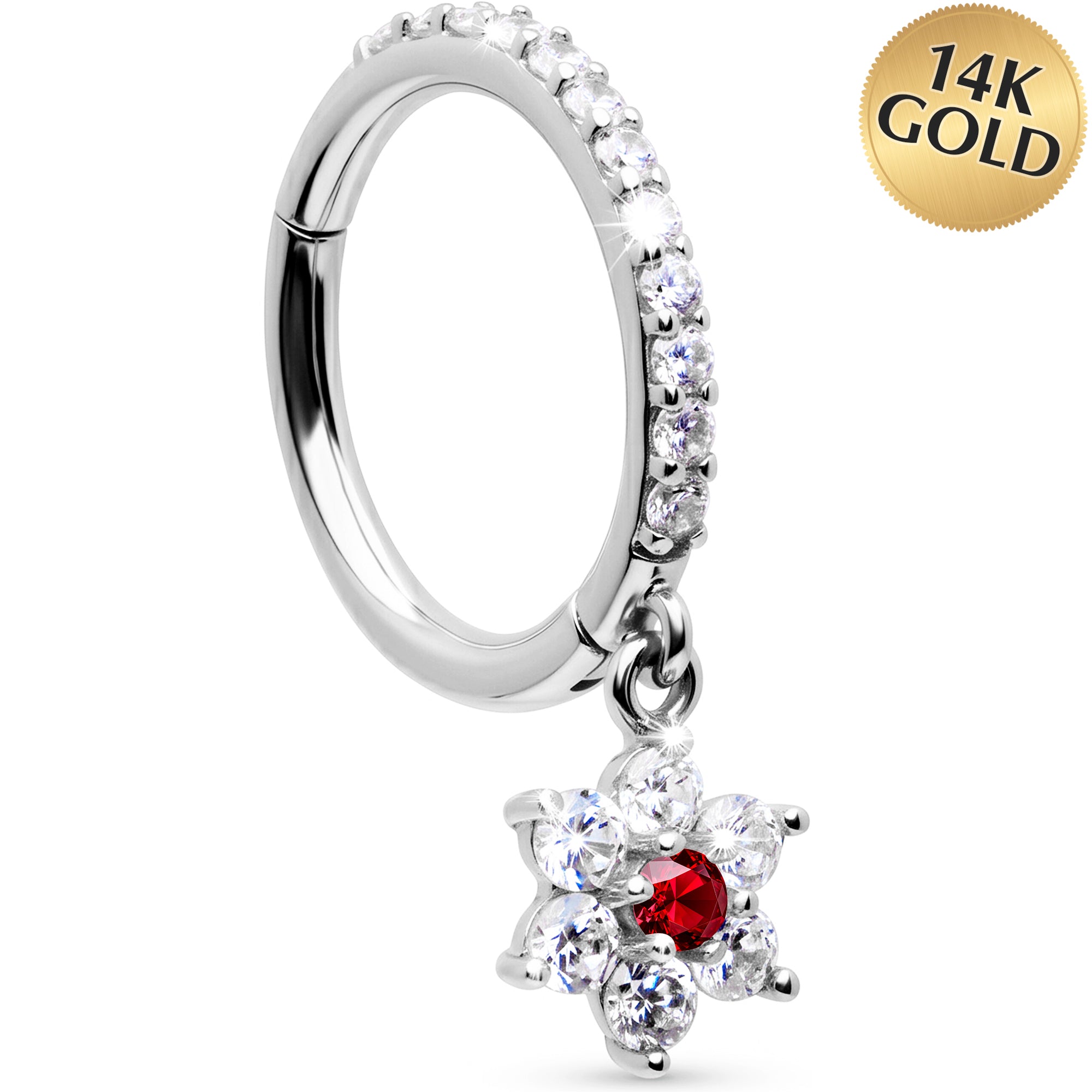 16G CZ Red Hibiscus Flower Dangle Seamless Ring Cartilage Clicker Hoop- 14k Solid Gold