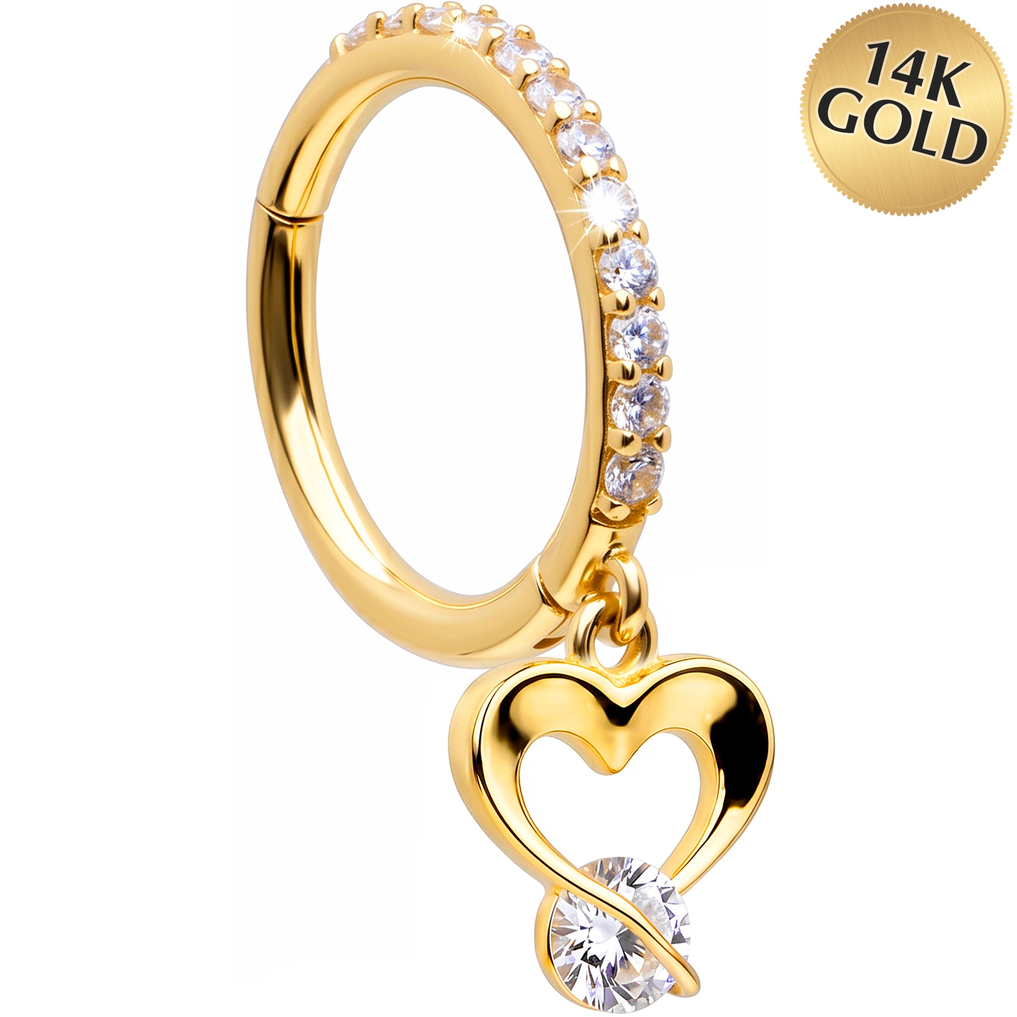 16G CZ Open Heart Dangle Seamless Ring Cartilage Clicker Hoop- 14k Solid Gold