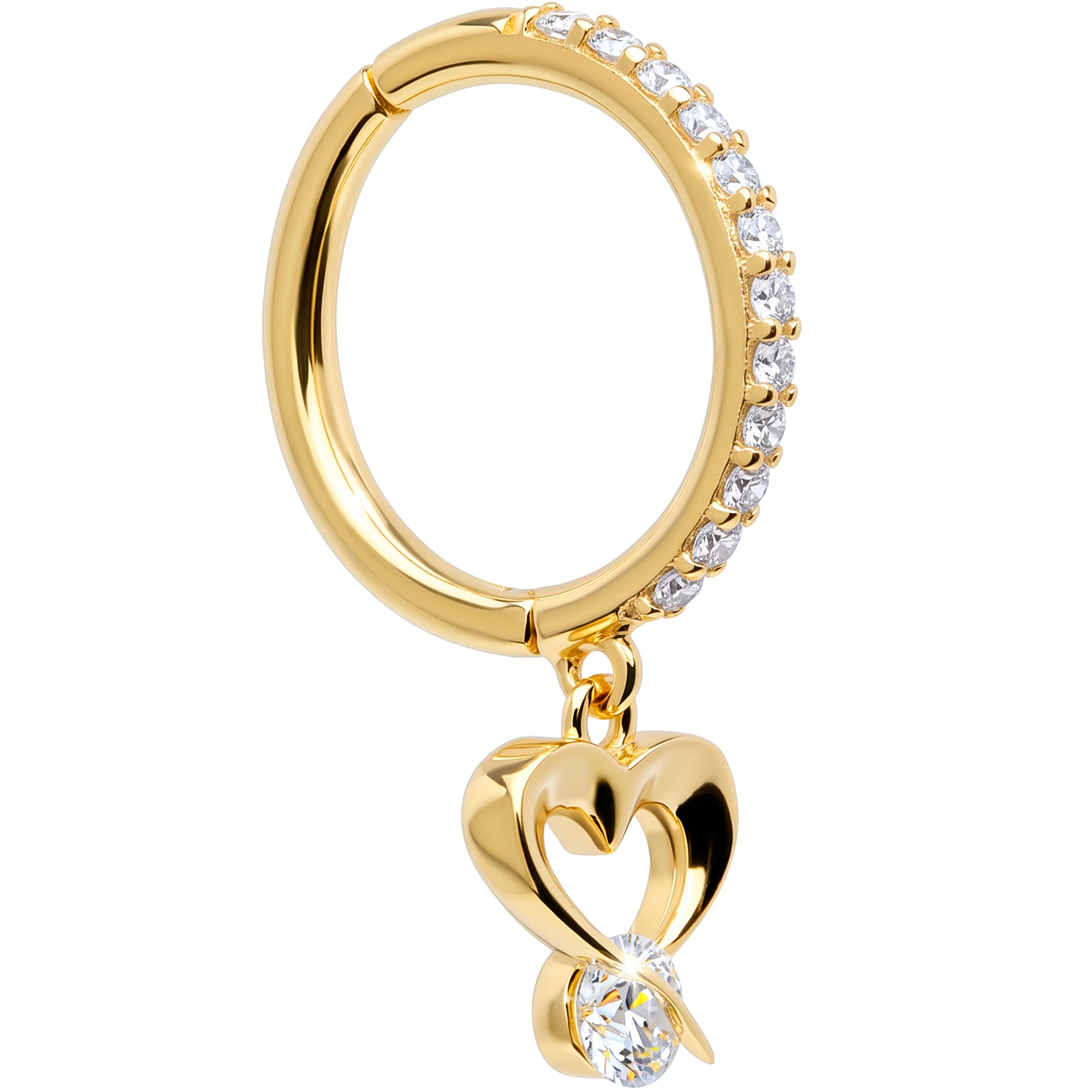 16G CZ Open Heart Dangle Seamless Ring Cartilage Clicker Hoop- 14k Solid Gold