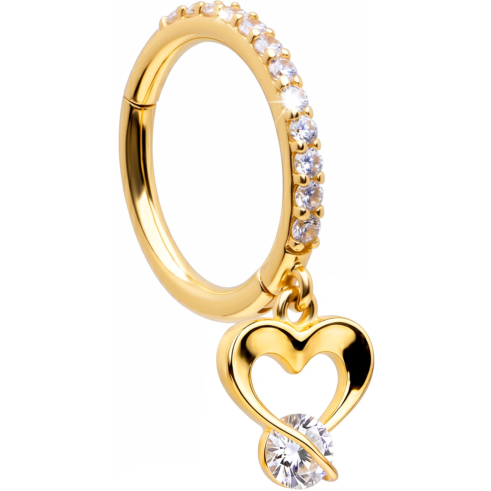 16G CZ Open Heart Dangle Seamless Ring Cartilage Clicker Hoop- 14k Solid Gold