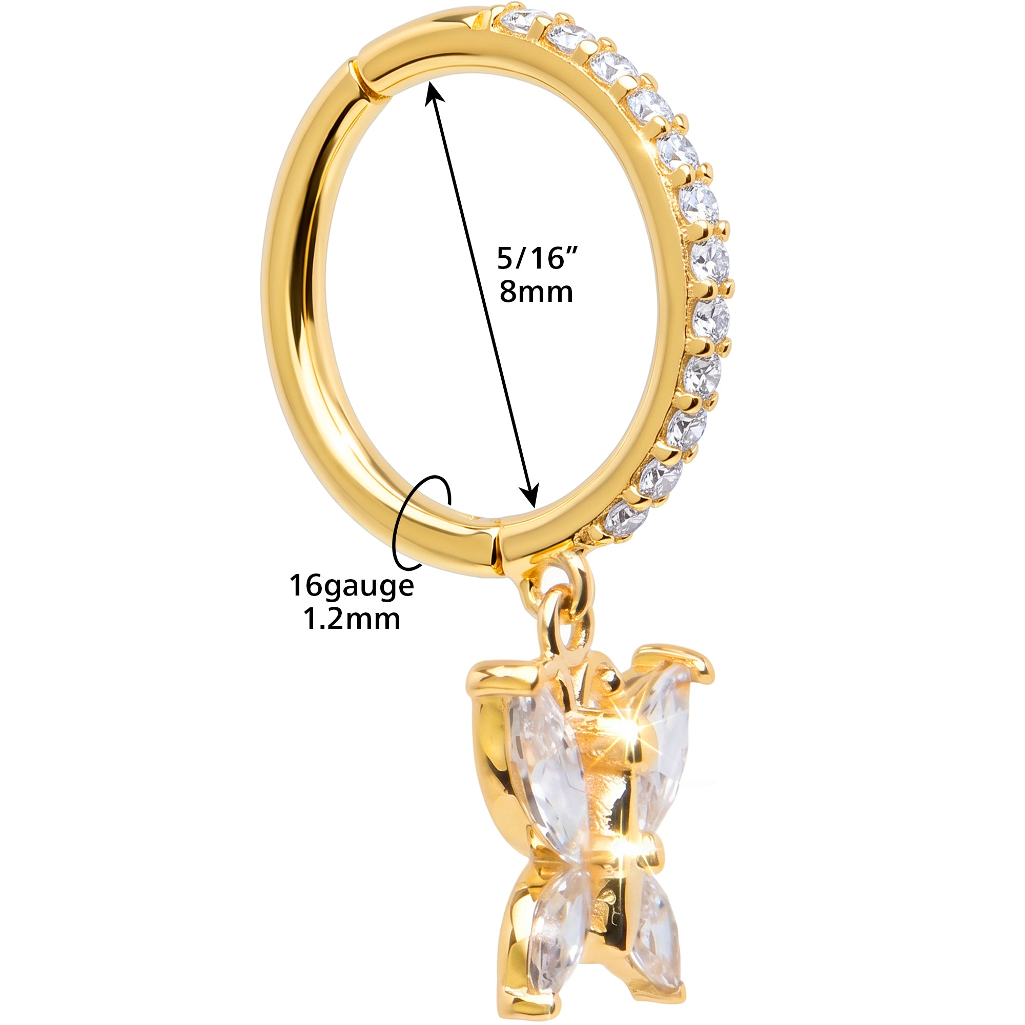 16G CZ Butterfly Dangle Seamless Ring Cartilage Clicker Hoop- 14k Solid Gold