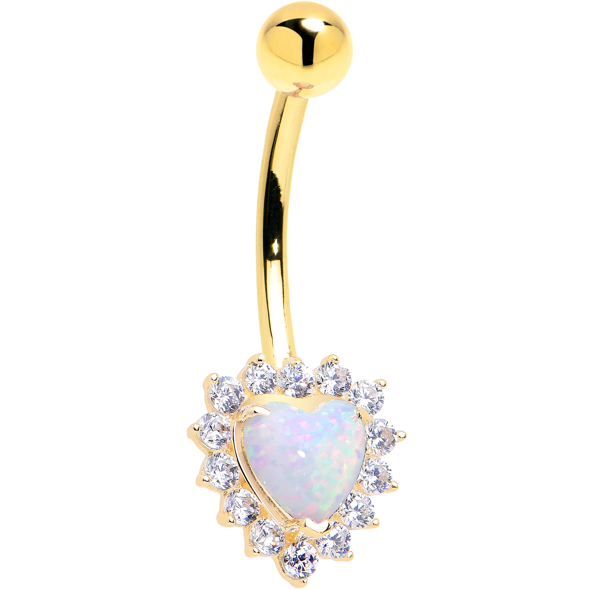 16G Solid 14k Yellow Gold Zirconia Opal Heart Belly Ring