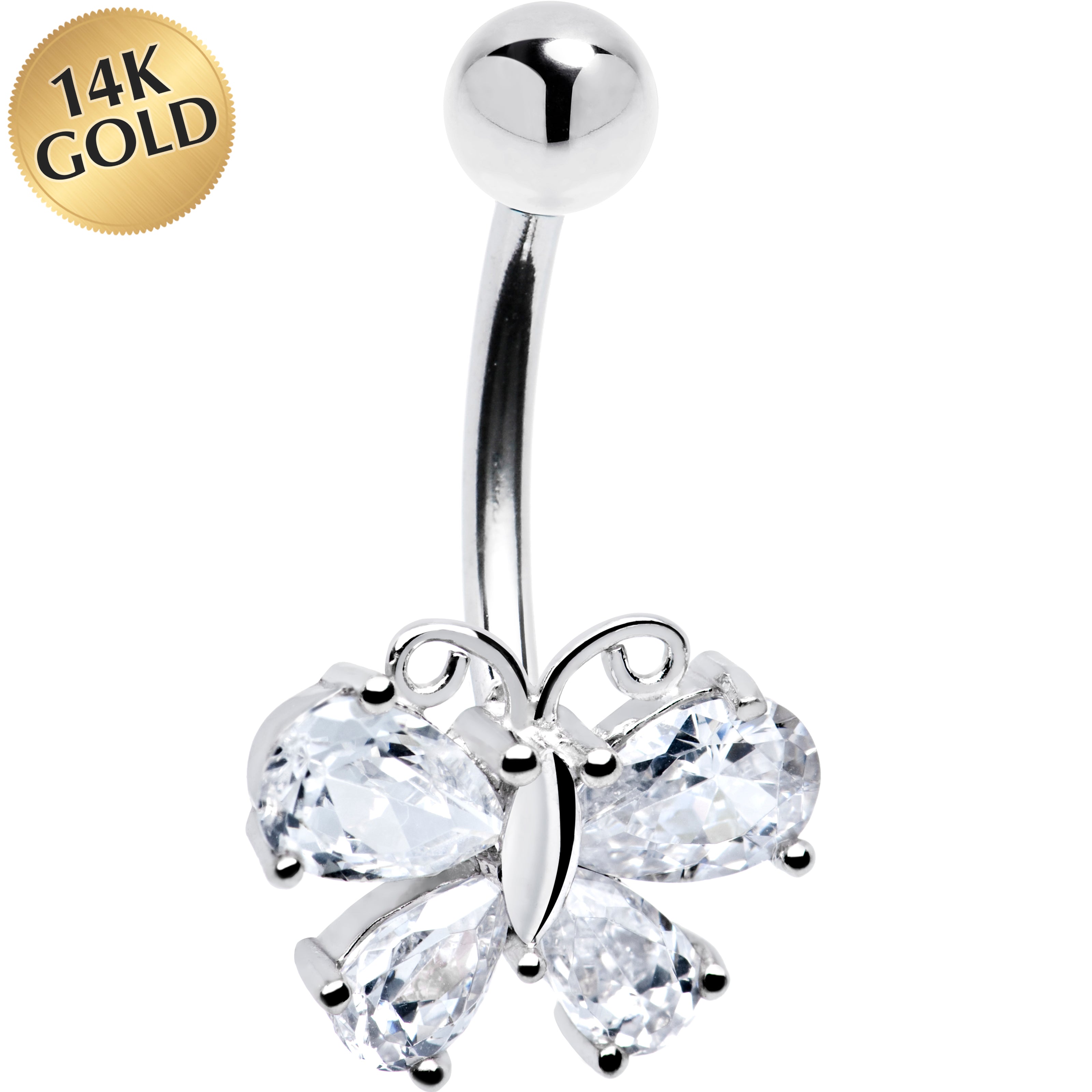 16G Solid 14k White Gold Cubic Zirconia Butterfly Belly Ring