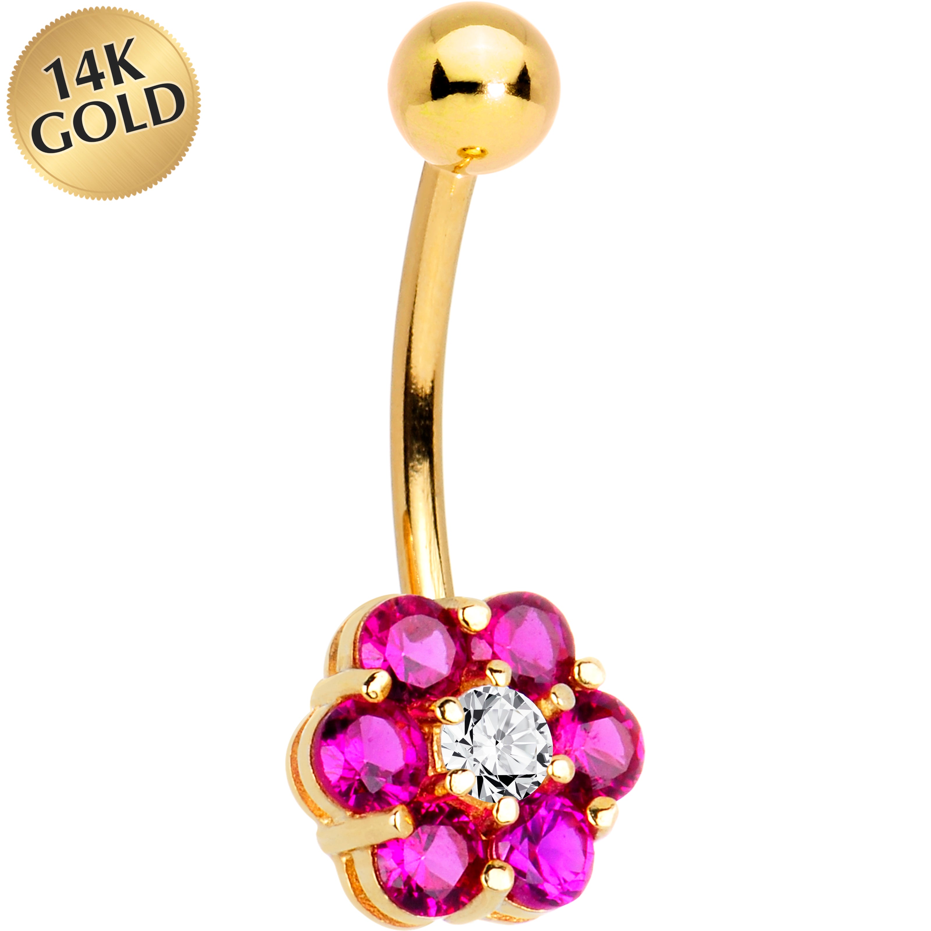 16G Solid 14k Yellow Gold Cubic Zirconia Flower Belly Ring