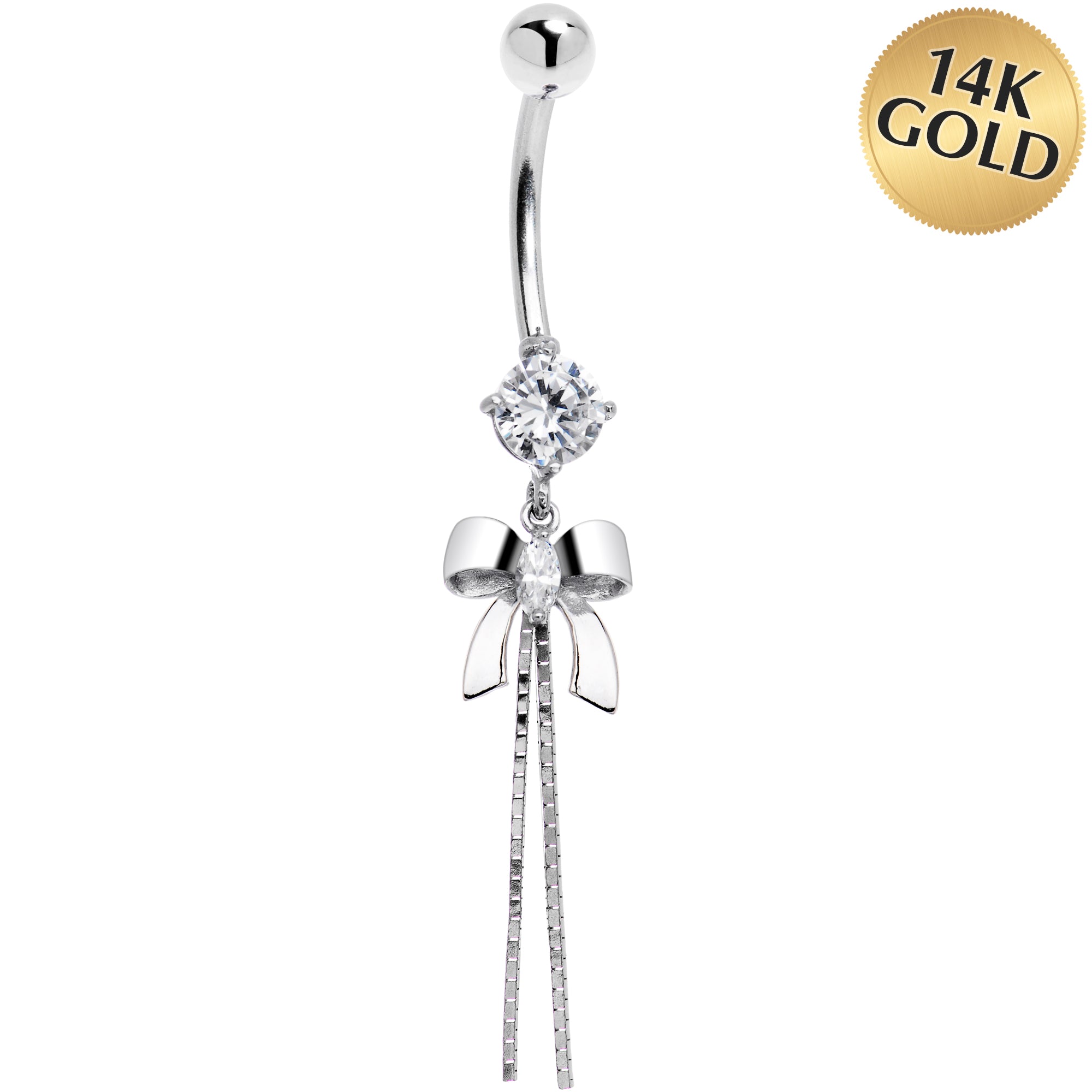 16G Solid 14k White Gold Cubic Zirconia Bow Belly Ring