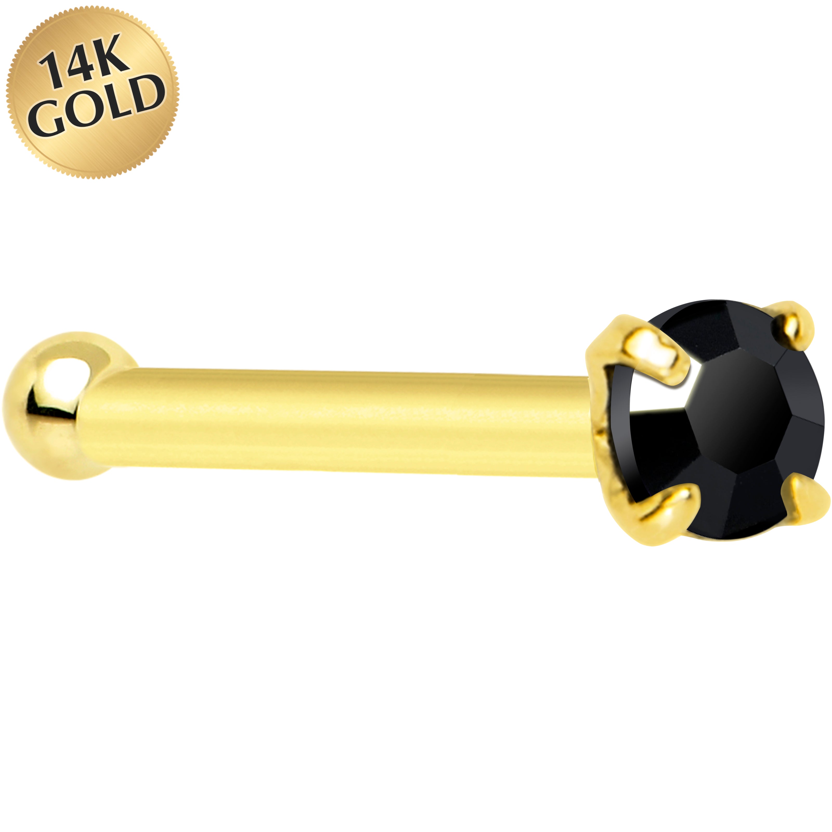 Solid 14K Yellow Gold 2mm Black Cubic Zirconia Nose Bone