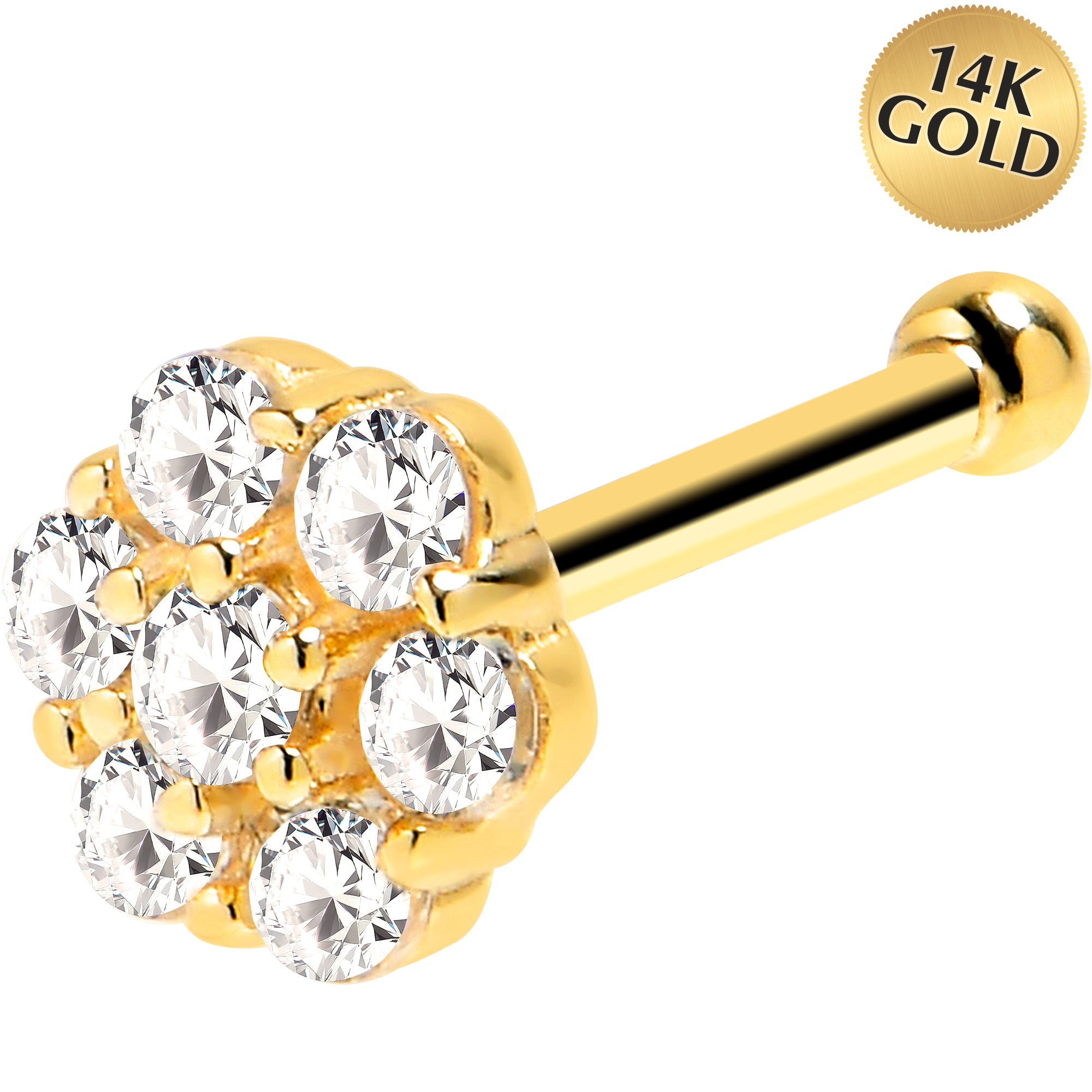 Solid 14K Yellow Gold Clear CZ Flower Nose Bone