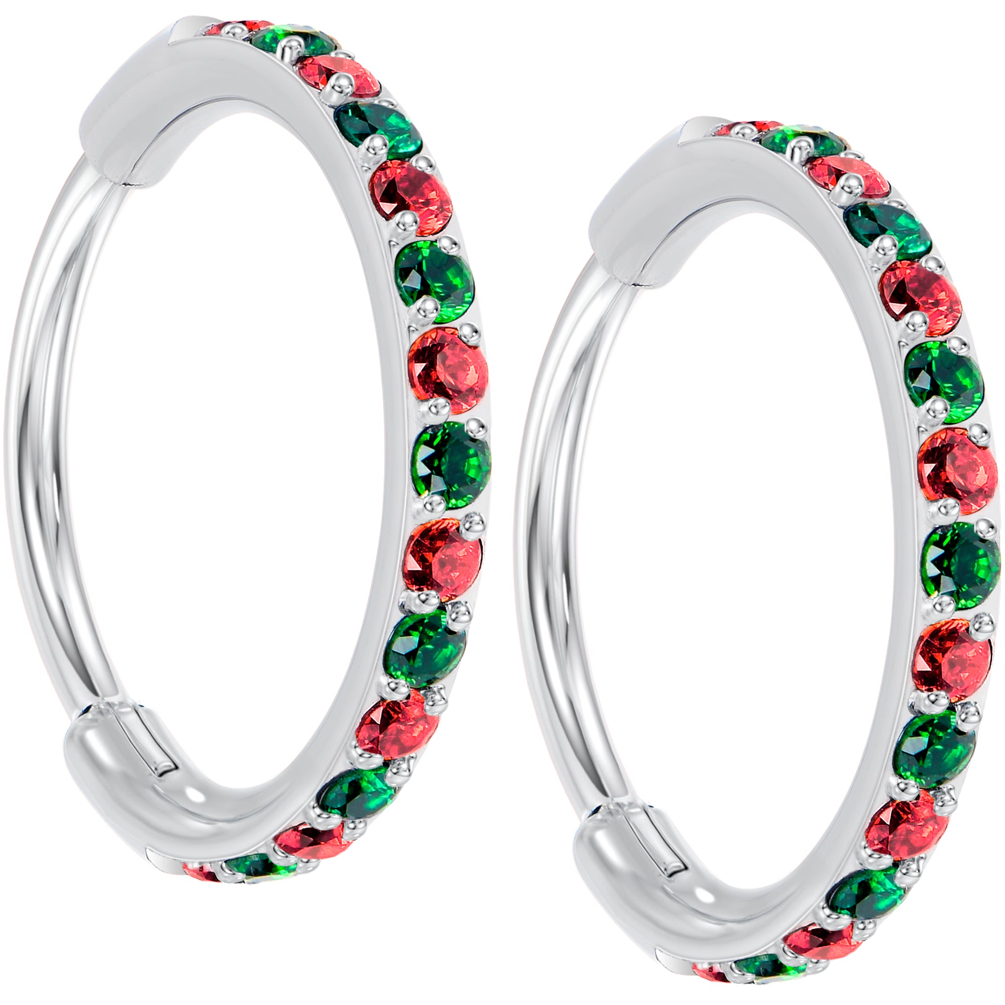 Christmas Red Green CZ Titanium Hinged Hoop Earrings