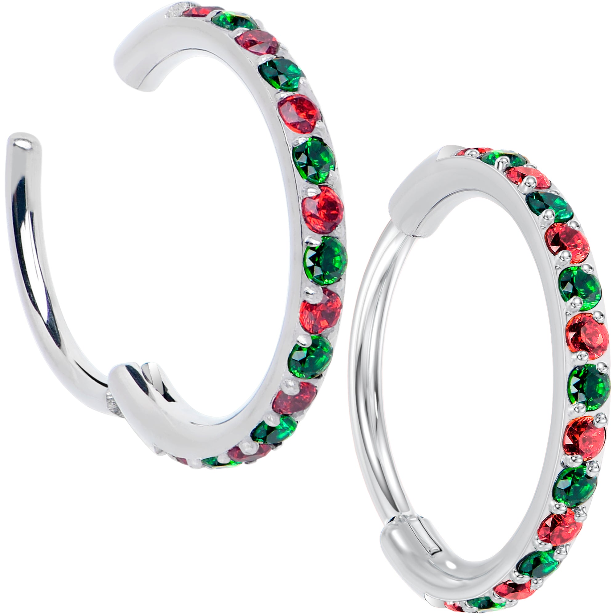 Christmas Red Green CZ Titanium Hinged Hoop Earrings