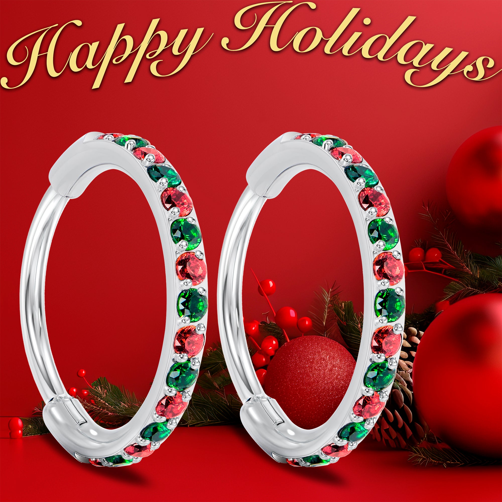 Christmas Red Green CZ Titanium Hinged Hoop Earrings