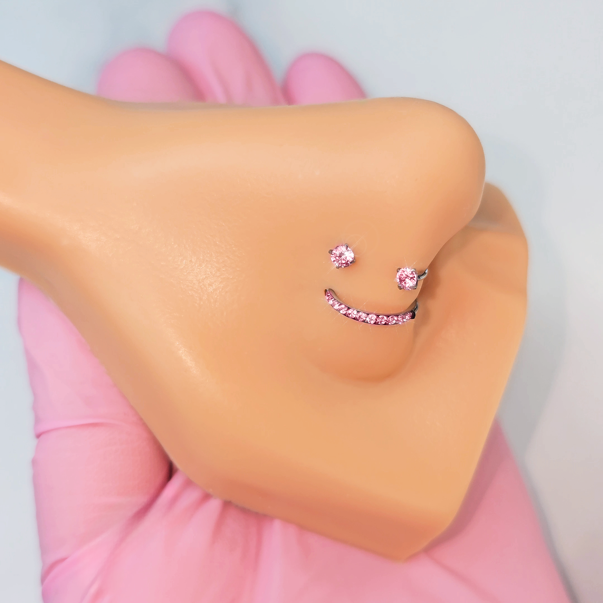 Pink Smiley Piercing Nose Rings Titanium Micro Gem U Hoop Nose Ring Set